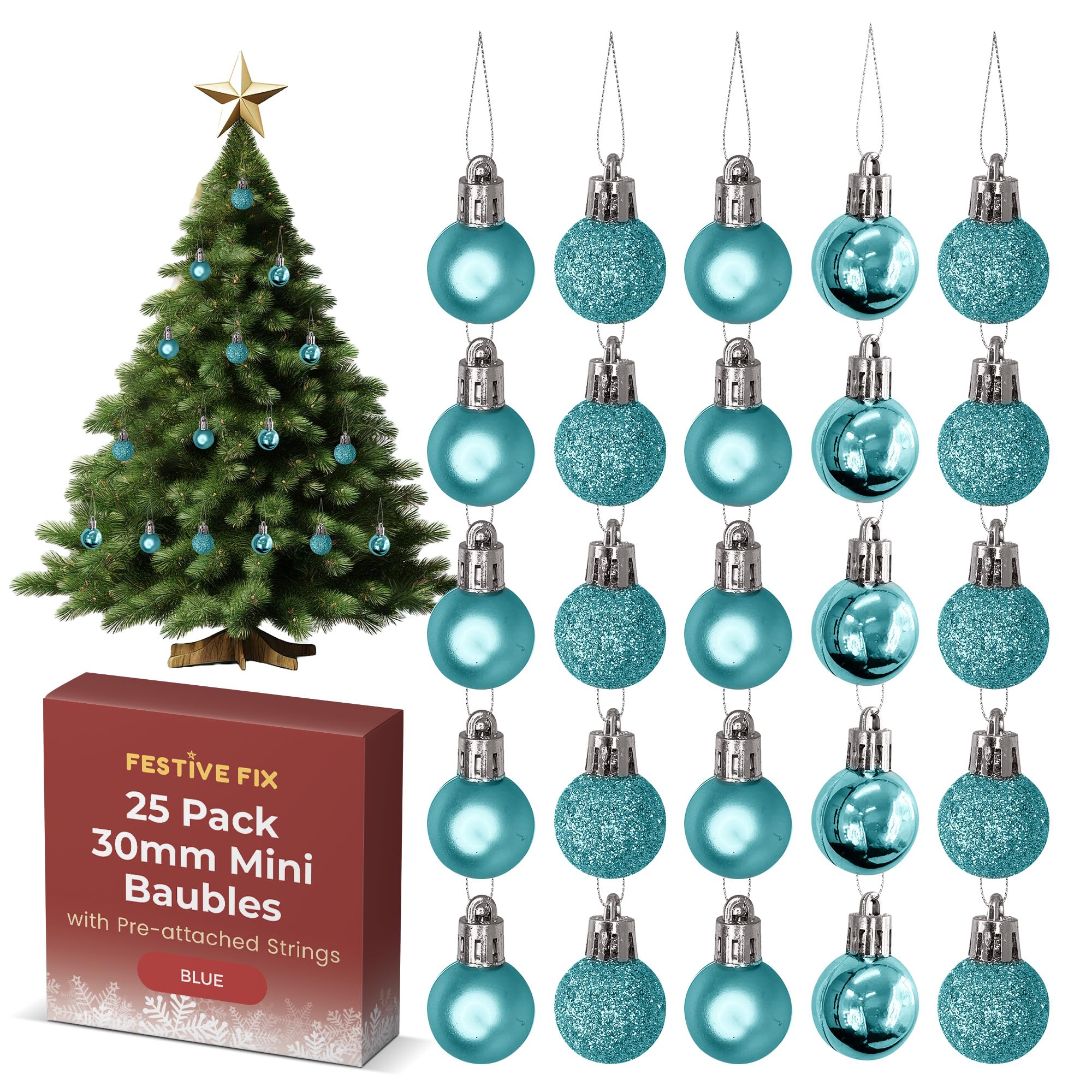 Festive Fix Ice Blue 25 Mini Christmas Baubles – Shatterproof, Lightweight Small Tree Decorations For Xmas, Home, Party & Festive Displays