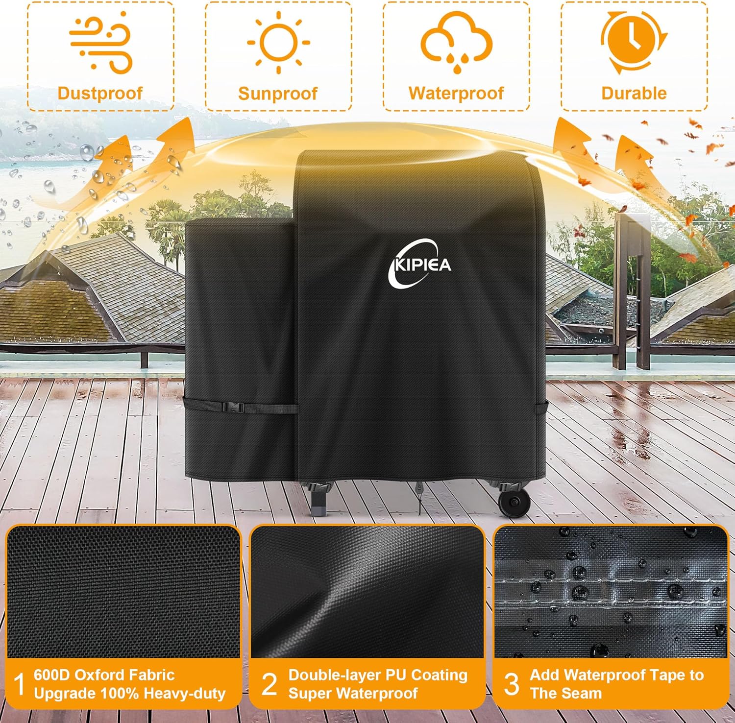 Kipiea Heavy Duty Grill Cover for Traeger Tailgater 20, 600D Oxford Fabric Wood Pellet Smoker Covers Waterproof & Windproof, Pellet BBQ Grill Cover for Outside Anti-UV, No Tear, No Fading
