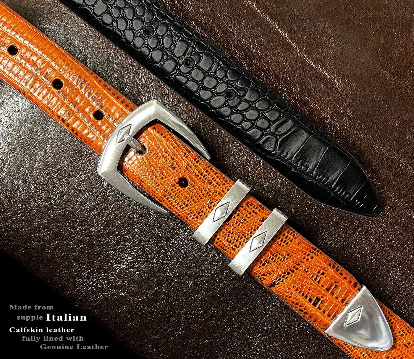 Canyon S5847 Męski designerski pasek do sukienki włoska skóra cielęca 30 mm szerokości, Czarny aligator, 34