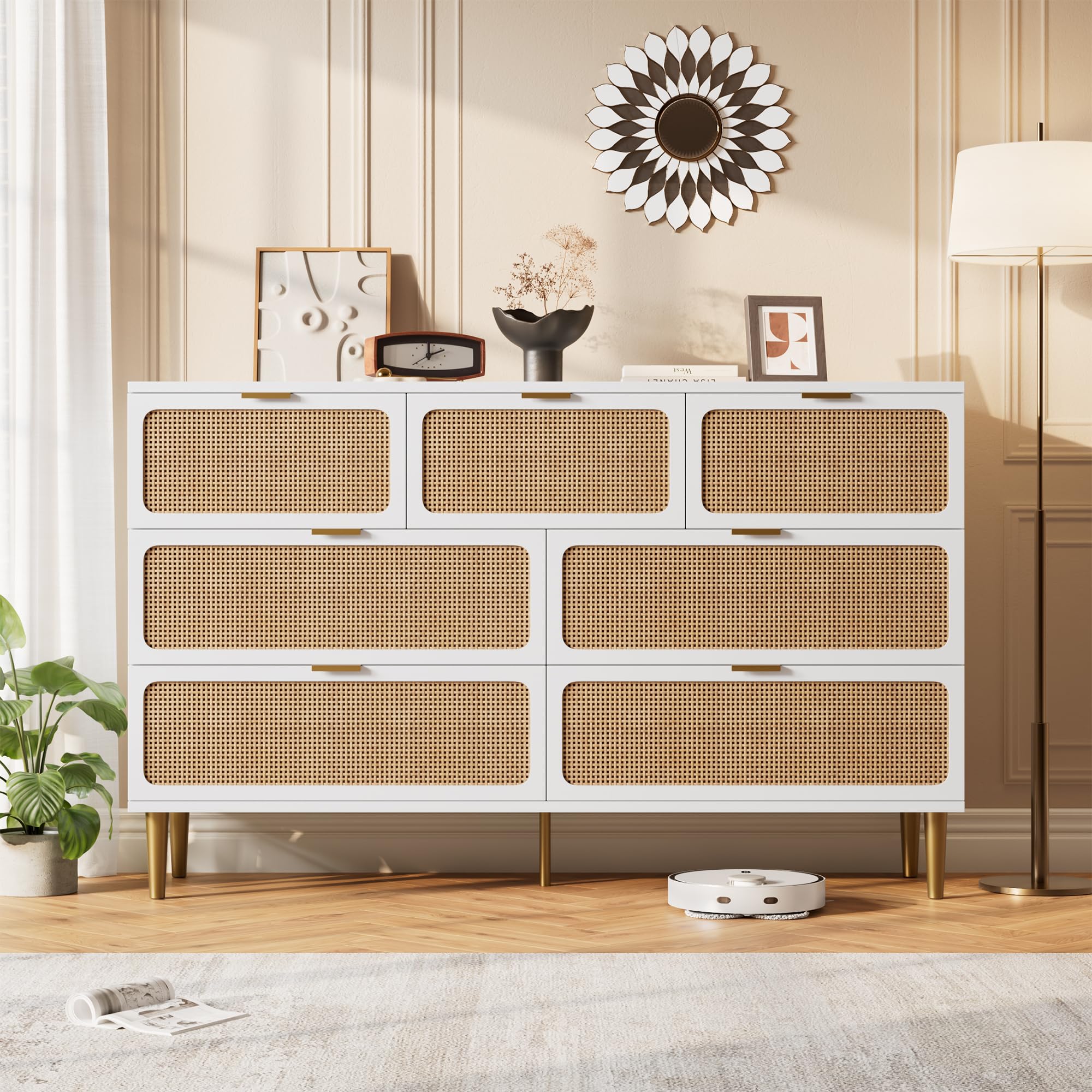 GarveeHome Rattan 7 Drawer Dressers for Bedroom, Tall Dresser with Deep Drawers, Large Chest of Drawers for Closet with Wide Top, Long Wooden Dresser