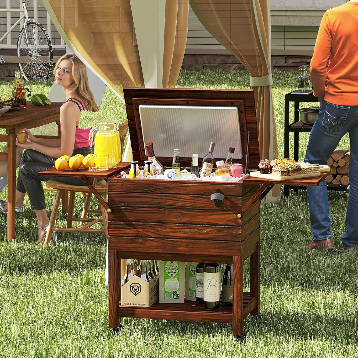 Giantex 54 Quart Wooden Patio Cooler Cart with Wheels, Outdoor Rolling Ice Chest with Foldable Side Shelves, Bottle Opener & Bottom Storage, Insulated Beverage Cooler for Deck, Poolside, BBQ Party