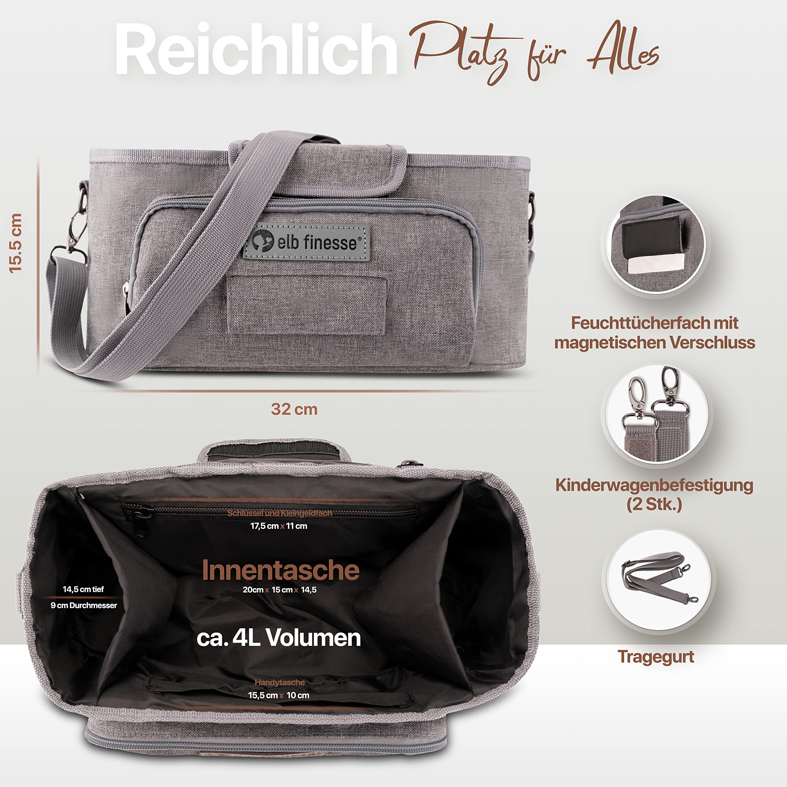 Premium Kinderwagen Organizer I Wasserabweisender Buggy Organizer inkl. Schultergurt I Kinderwagen Taschen I Kinderwagen Zubehör I Getränkehalter Kinderwagen (Grau)