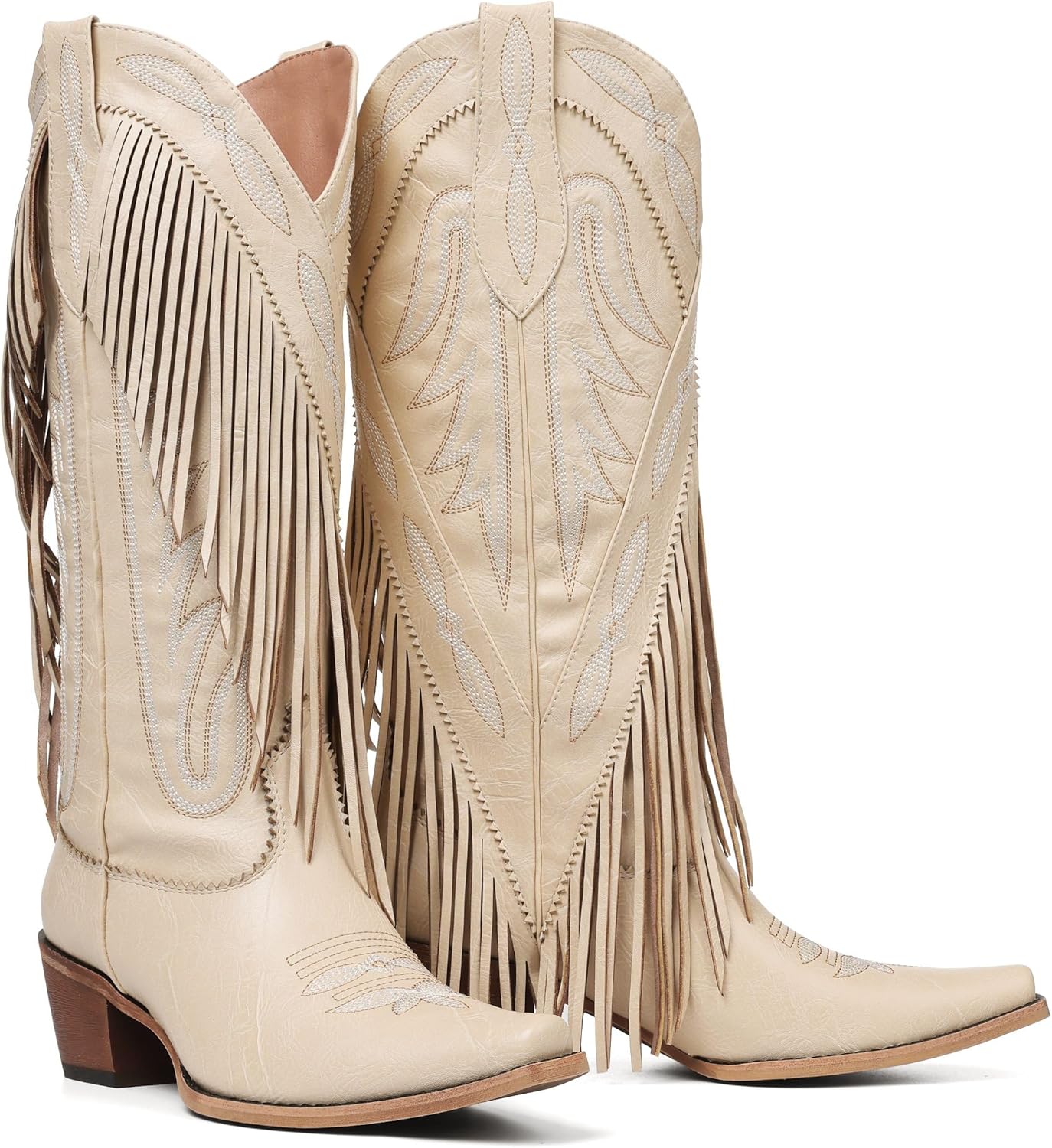 Mattiventon Cowboy Boots for Women Fringe Knee High Cowgirl Western Boots with Classic Embroidery Pointed Toe Chunky Heel for Weddings Parties