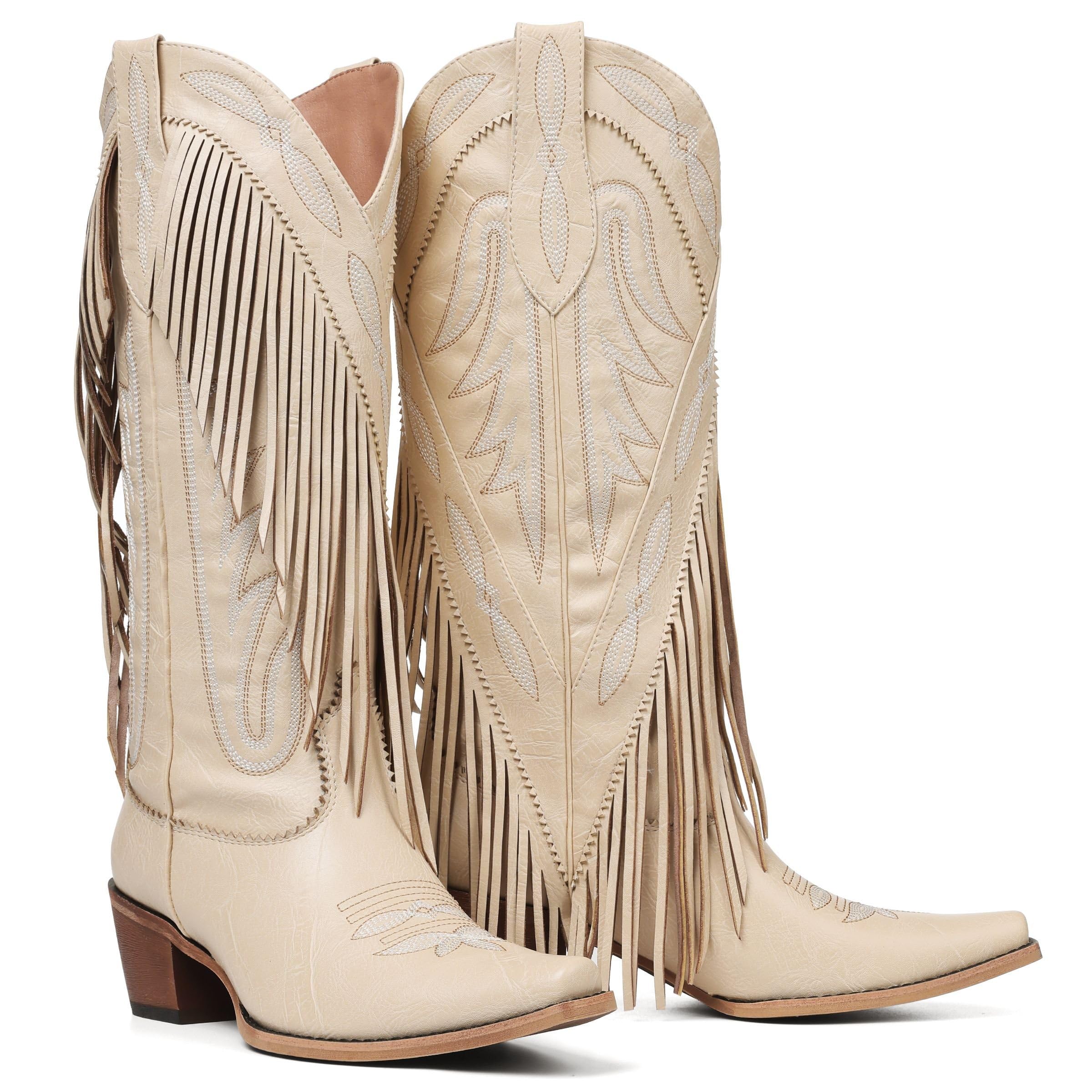 Mattiventon Cowboy Boots for Women Fringe Knee High Cowgirl Western Boots with Classic Embroidery Pointed Toe Chunky Heel for Weddings Parties
