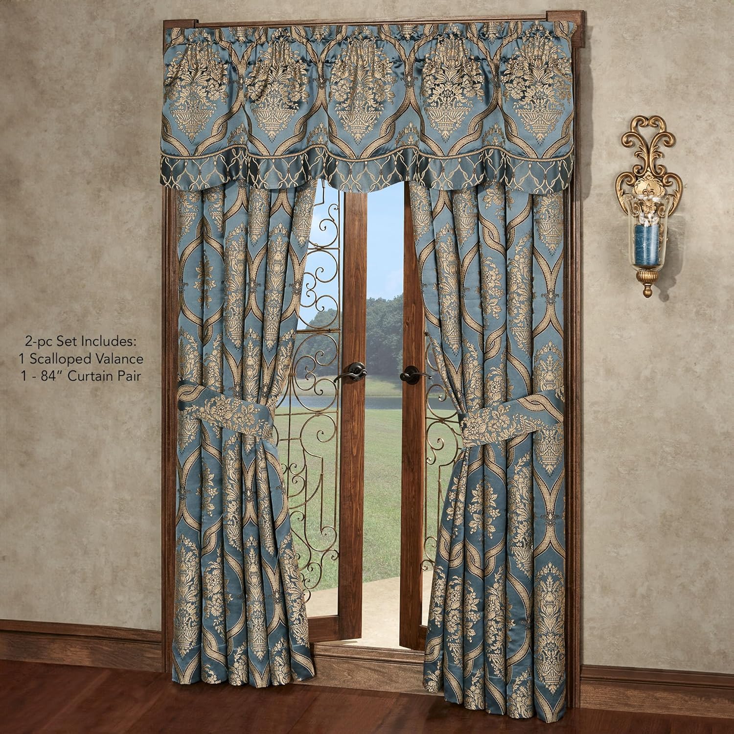 Luxurious Castleton Traditional Window Treatment | Sophisticated Jacquard Woven Damask Medallion Quatrefoil | Steel Blue, Light Gold, Chocolate | Drapery Set | Wide 84L Curtain Pair, Scalloped Valance
