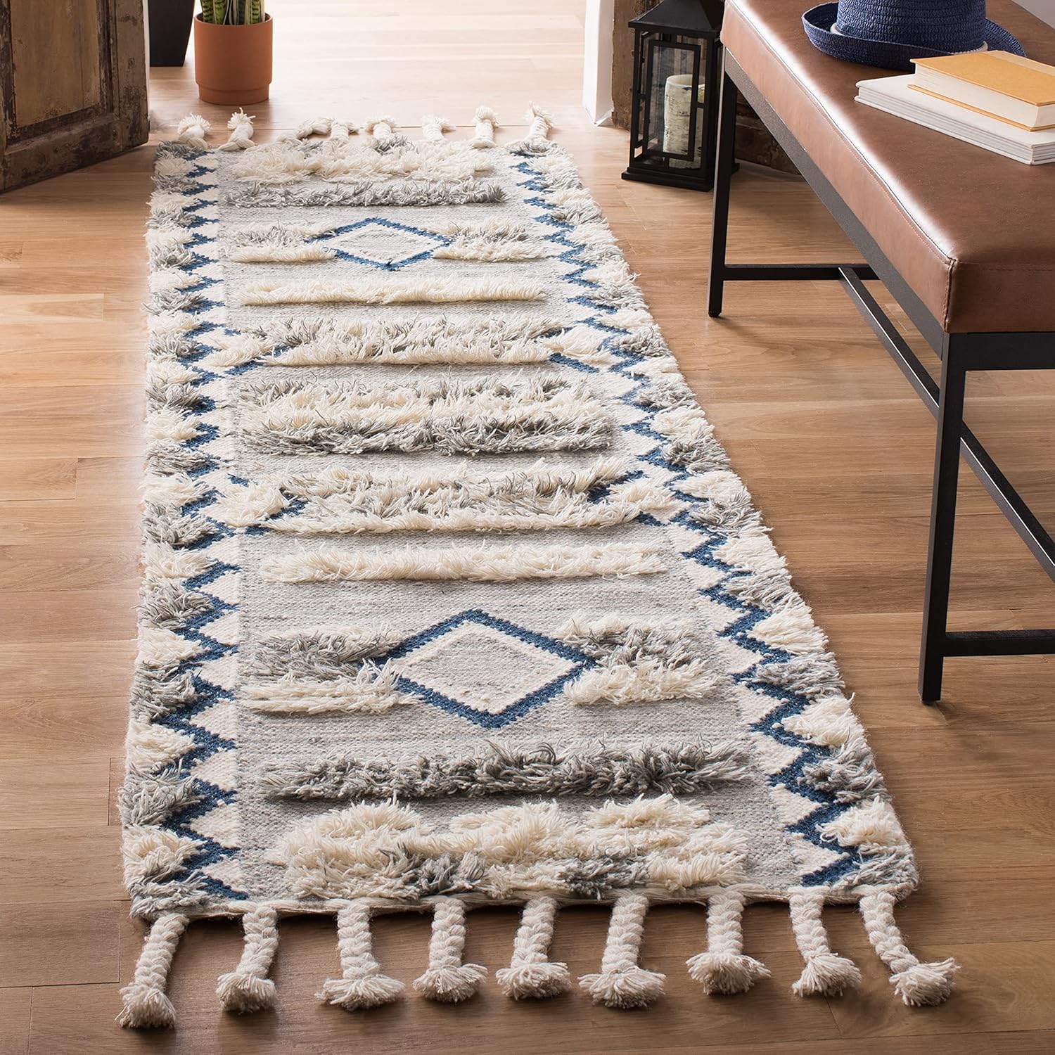 SAFAVIEH Kenya Collection Runner Rug - 2'3" x 8', Grey & Ivory, Hand-Knotted Moroccan Tribal Tassel Wool, Ideal for High Traffic Areas in Living Room, Bedroom (KNY909F)