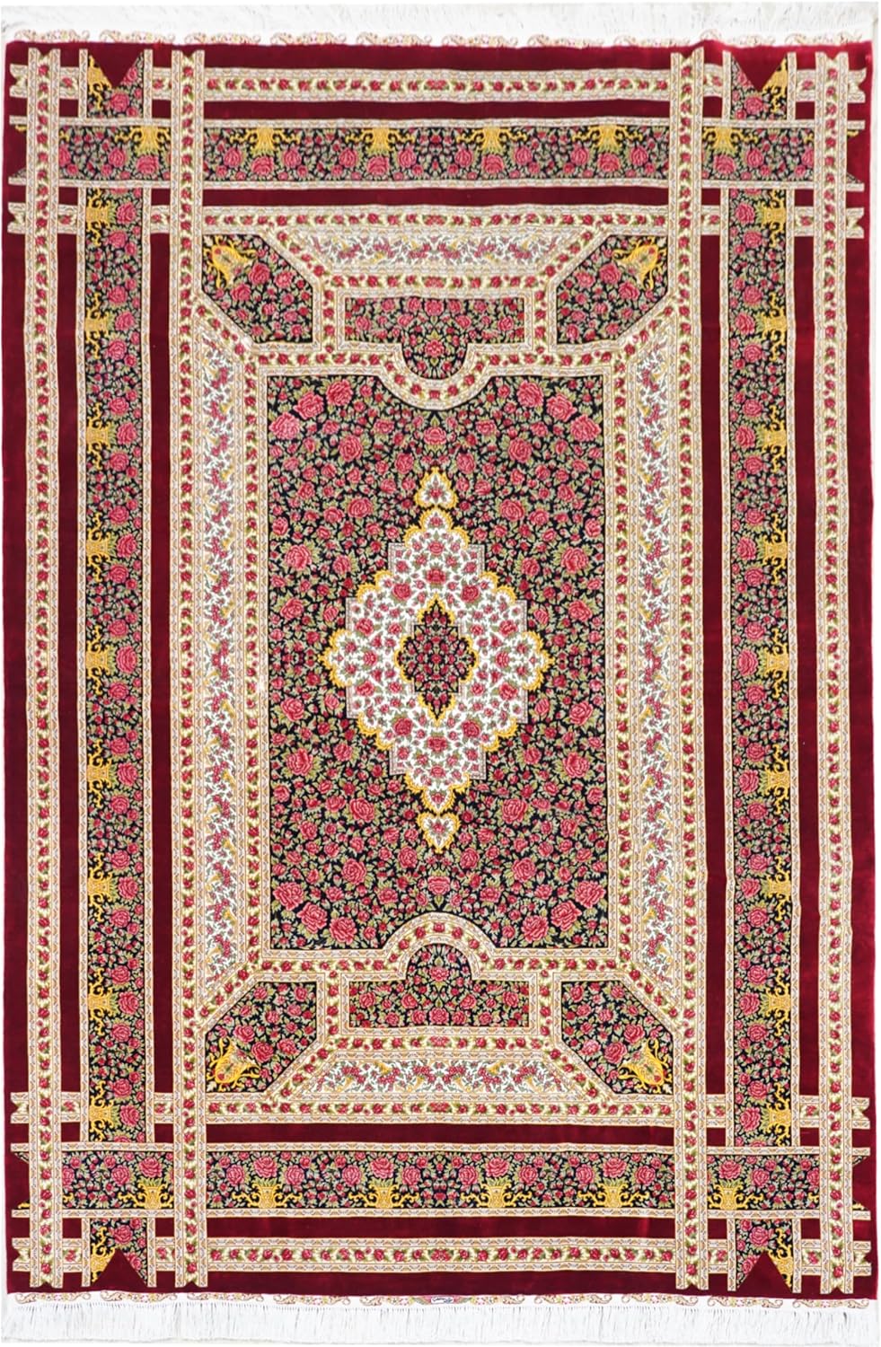 Yuchen Carpet Oriental Silk Rug 6x9 Red Rose Hand Knotted Traditional Vintage Luxury Silk Area Rug for Living