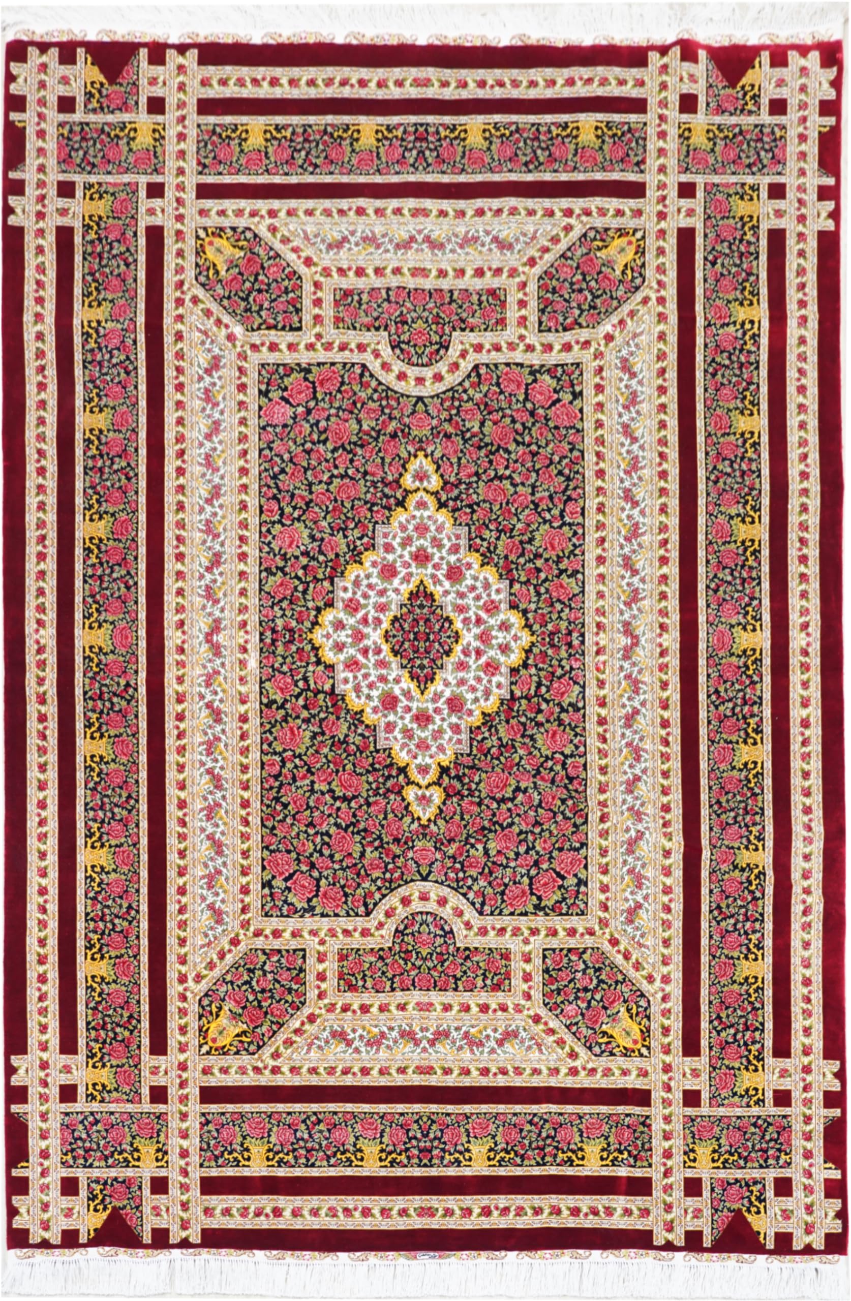 Yuchen Carpet Oriental Silk Rug 6x9 Red Rose Hand Knotted Traditional Vintage Luxury Silk Area Rug for Living