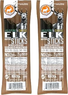 PEARSON RANCH Elk Meat Sticks Pack of 2 Exotic Meat, Grass-Fed Elk Jalapeno Cheese Sticks Low-Carb Zero Sugar Wild Game Jerky Sticks with Cheese (8 Meat Sticks Total)