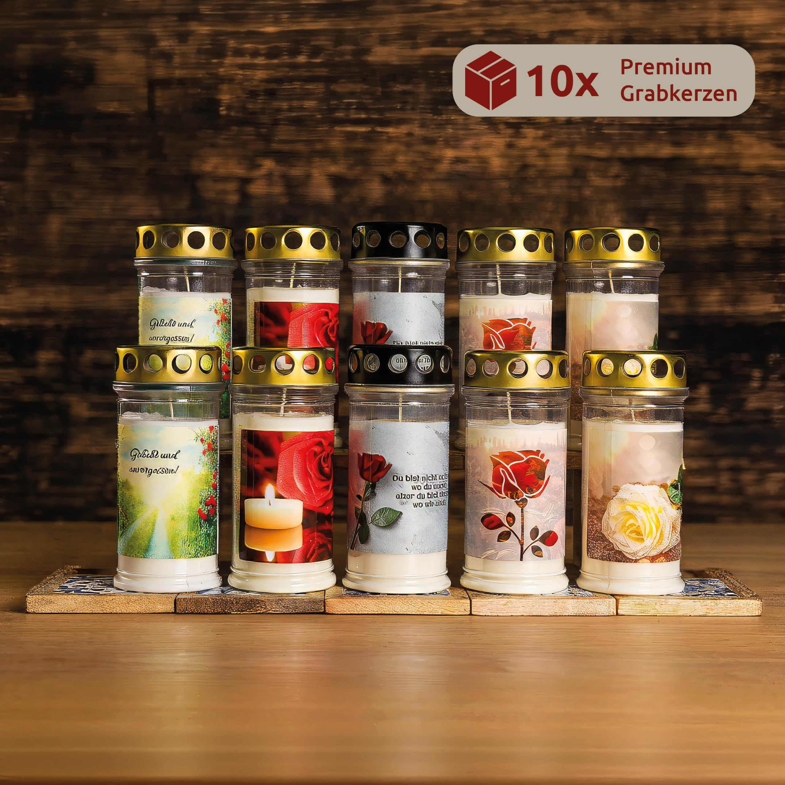 10er Set Grabkerzen 4 Tage Brenndauer | Rosenmotiv | Wetterfestes Grablicht mit Deckel | Trauerkerzen für Grab, Friedhof, Grabdekoration & Grabschmuck