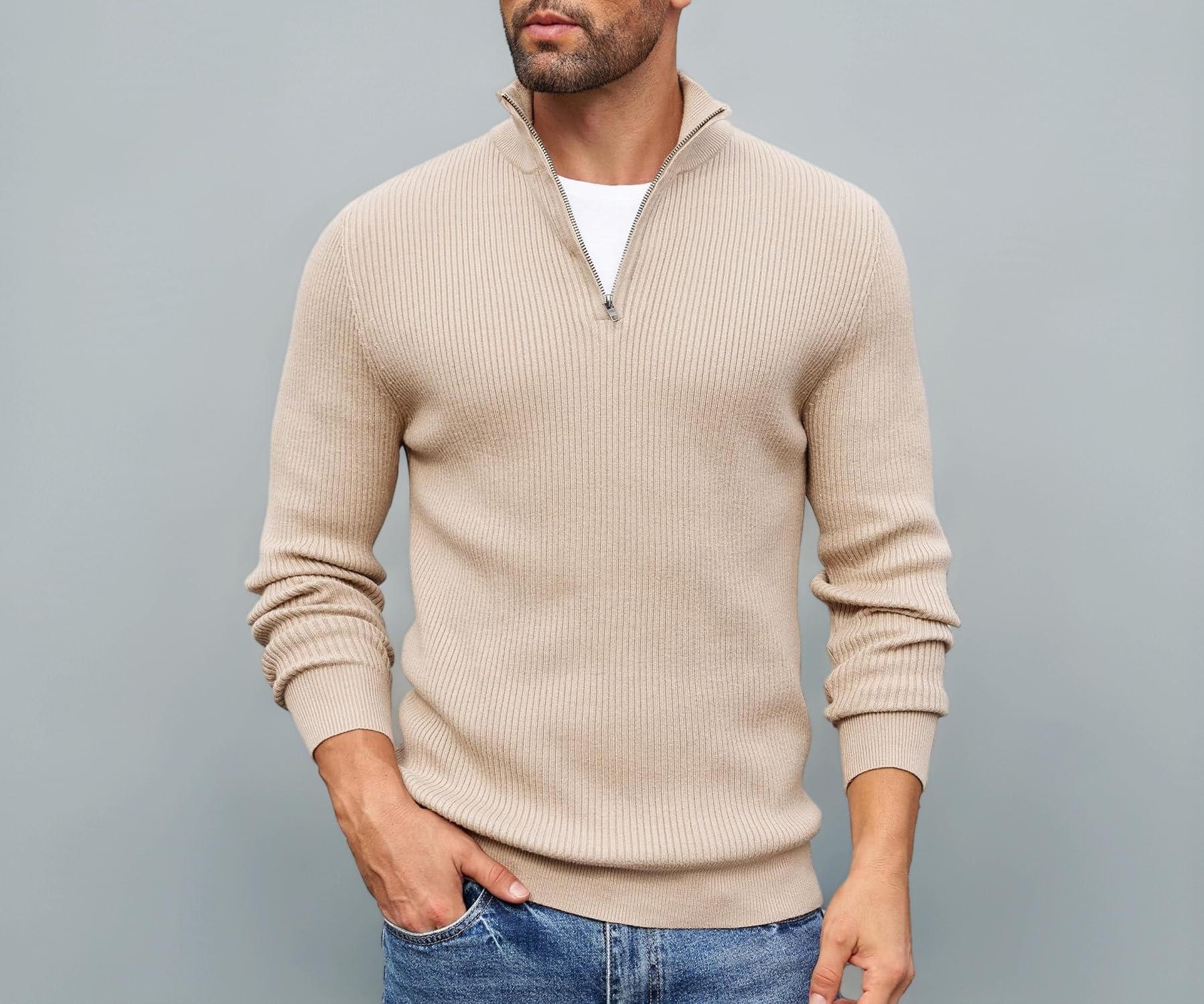 Men High Neck Zipper Full Sleeve Cotton Knitted Winter Sweater for Man