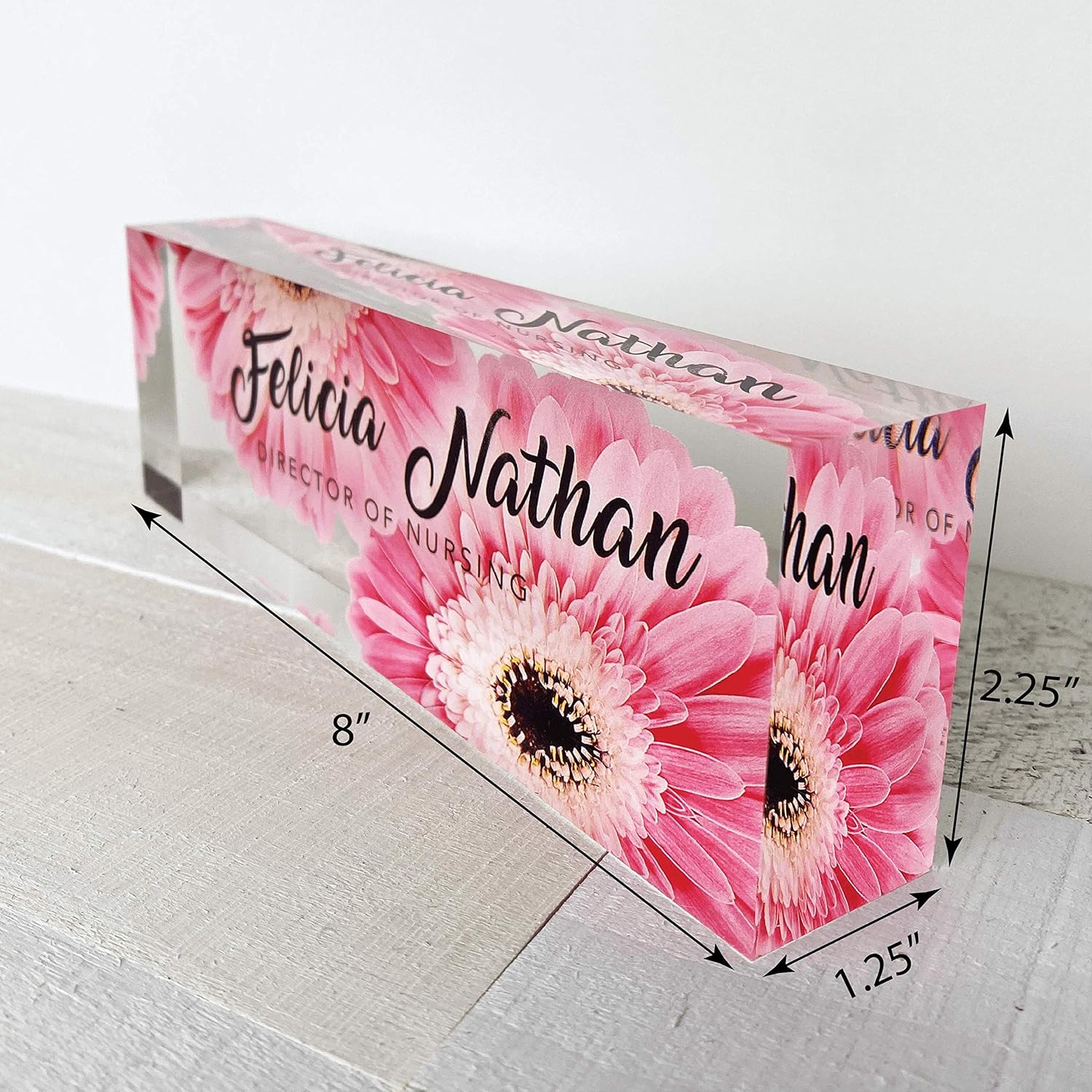 Artblox Office Desk Name Plate Personalized | Custom Name Plates for Desks | Pink Daises Design On Clear Acrylic Glass | Office Desk Decor - (8" x 2.5") : Home & Kitchen
