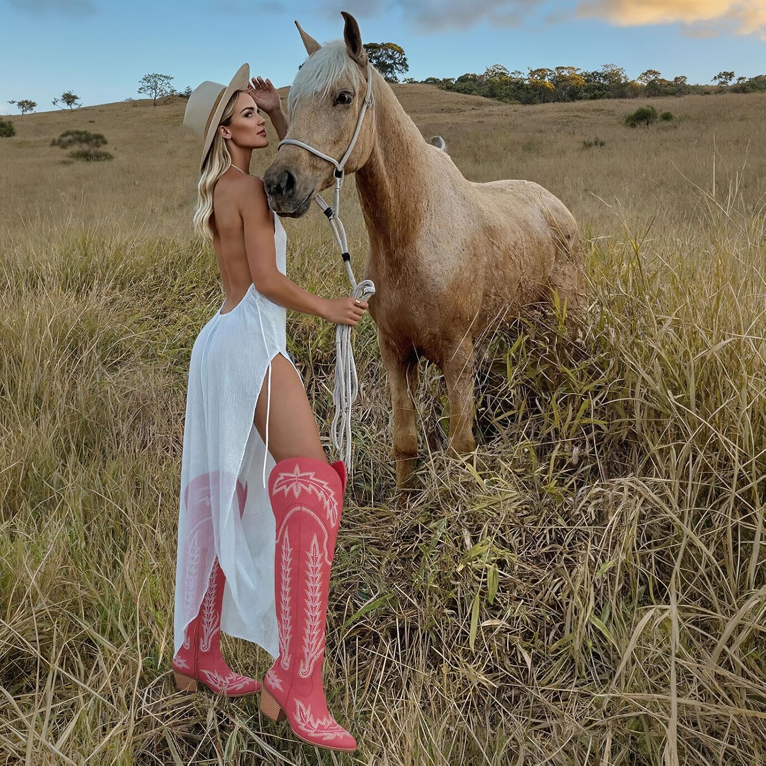 Celbreez Cowboy Boots for Women Thigh High Cowgirl Boots Embroidered Knee High Western Boots Pointed Toe Chunky Heel Side Zip Over The Knee Boots for Women
