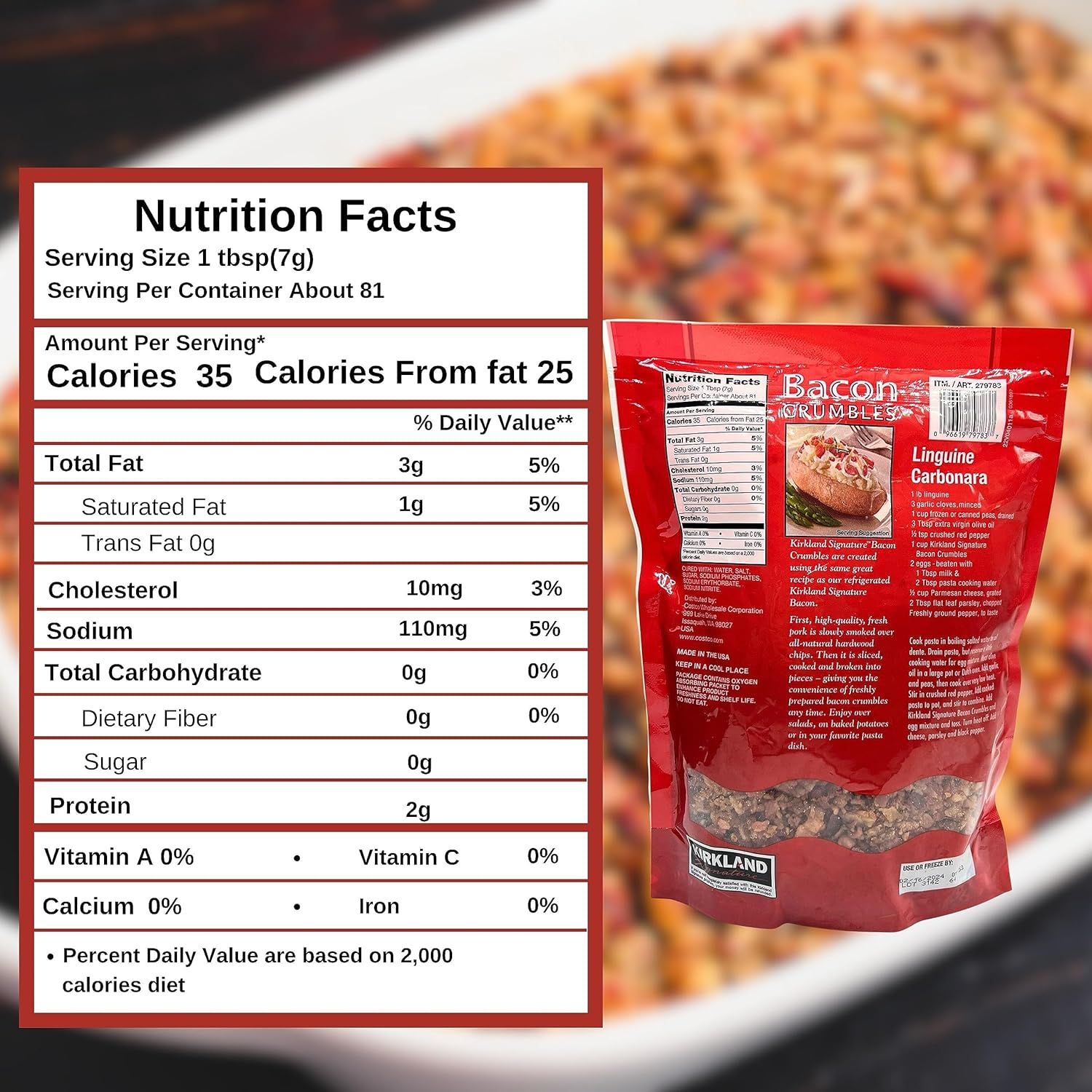 Worldwide Nutrition Paquete Kirkland Signature Crumbled Bacon Bits de tocino cocido - Listo para comer, calidad premium de 20 oz w tocino Bits Real