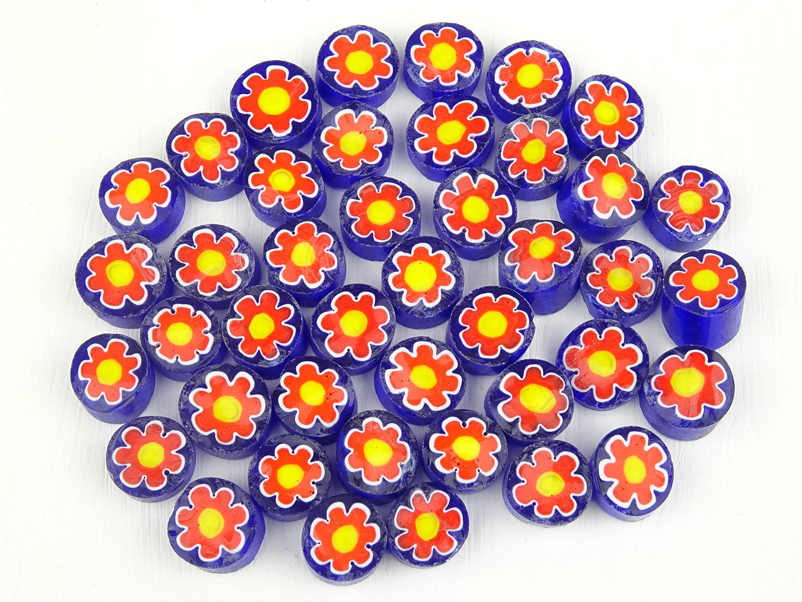 25g Millefiori Blue with Orange Flowers 8mm Approx 65 Pieces