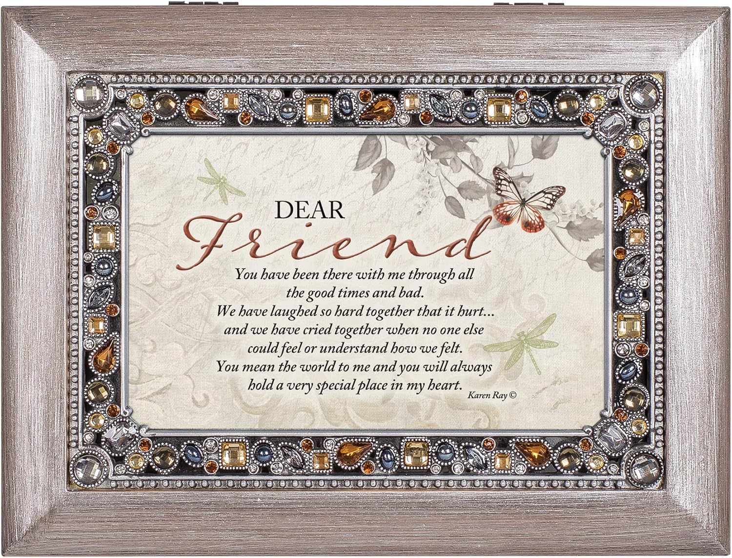 Cottage Garden Dear Friend Place in Heart Brushed Pewter Jeweled Music Box Plays That's What Friends are for