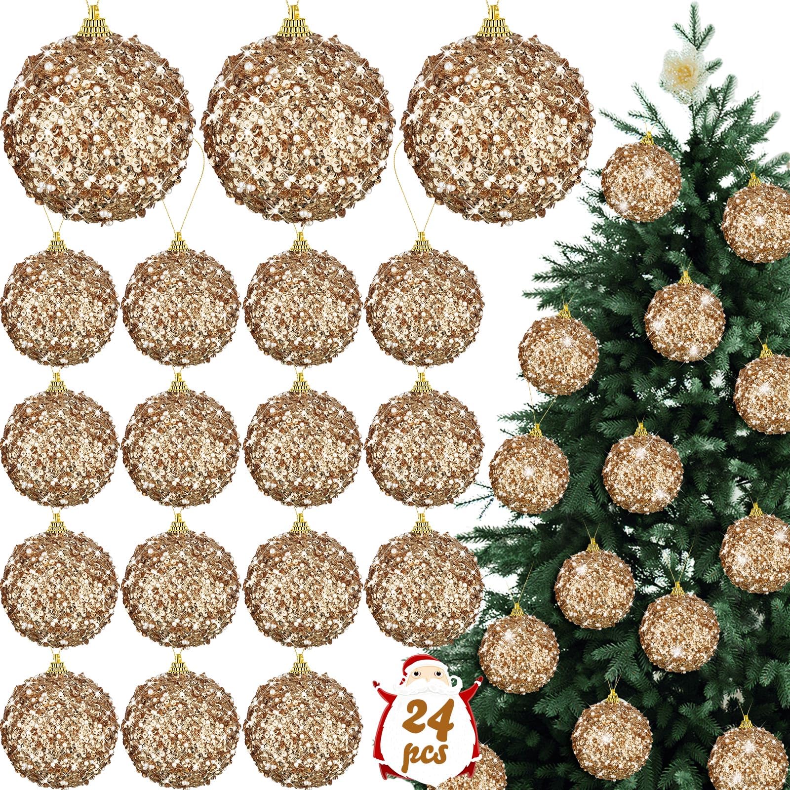 Liliful 24 adornos de bola de Navidad de 3.15 pulgadas con purpurina, decoraciones de árbol de Navidad, adornos grandes para colgar de Navidad para árbol de Navidad, boda, hogar, mesa, fiesta,