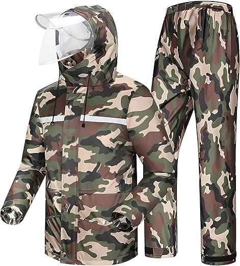 HACER Raincoat Reusable Rainwear Seam Sealed Army Print Snow Suit Face Shield &amp; Detachable Hood for Bikers Hiking Travelling