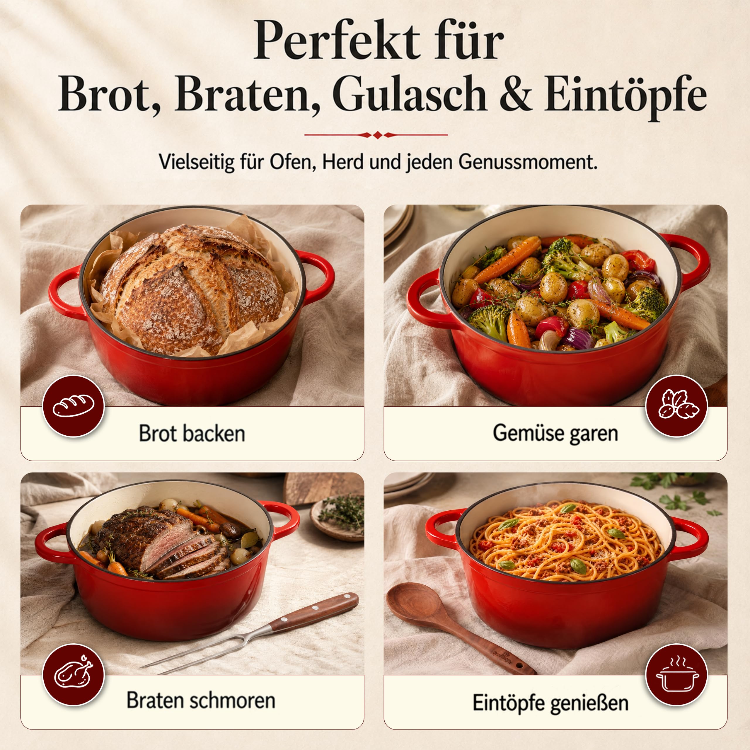 GUSSKÖNIGIN Gusseisen Topf 24 cm, Bräter mit Deckel, Dutch Oven Schmortopf