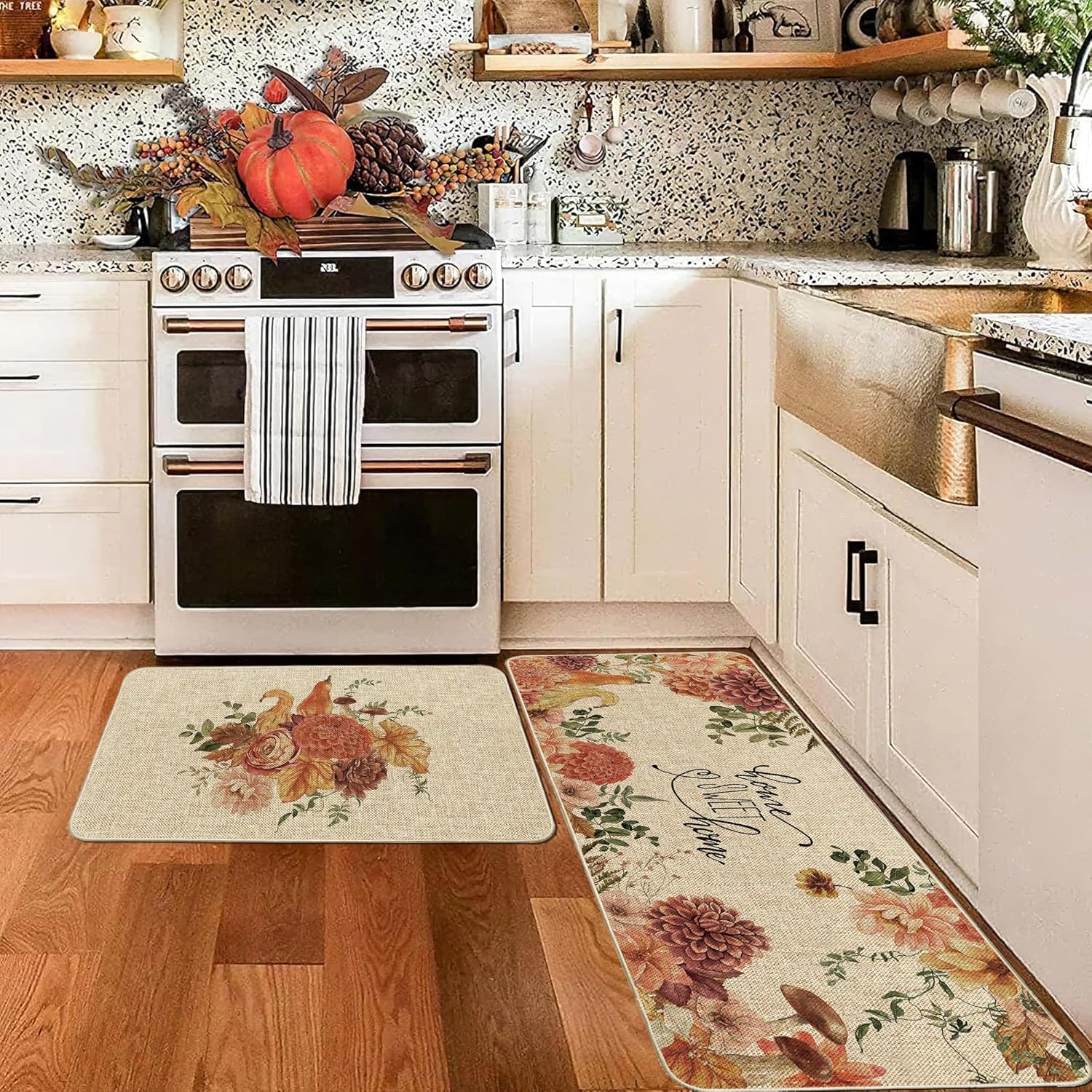 Fall Thanksgiving Harvest Dahlia Pumpkin Kitchen Mats Set of 2, Autumn Grateful Sweet Home Kitchen Rugs Floor Non-Slip Low Profile Mat Seasonal Farmhouse Home Decor 17x29 and 17x47 Inch