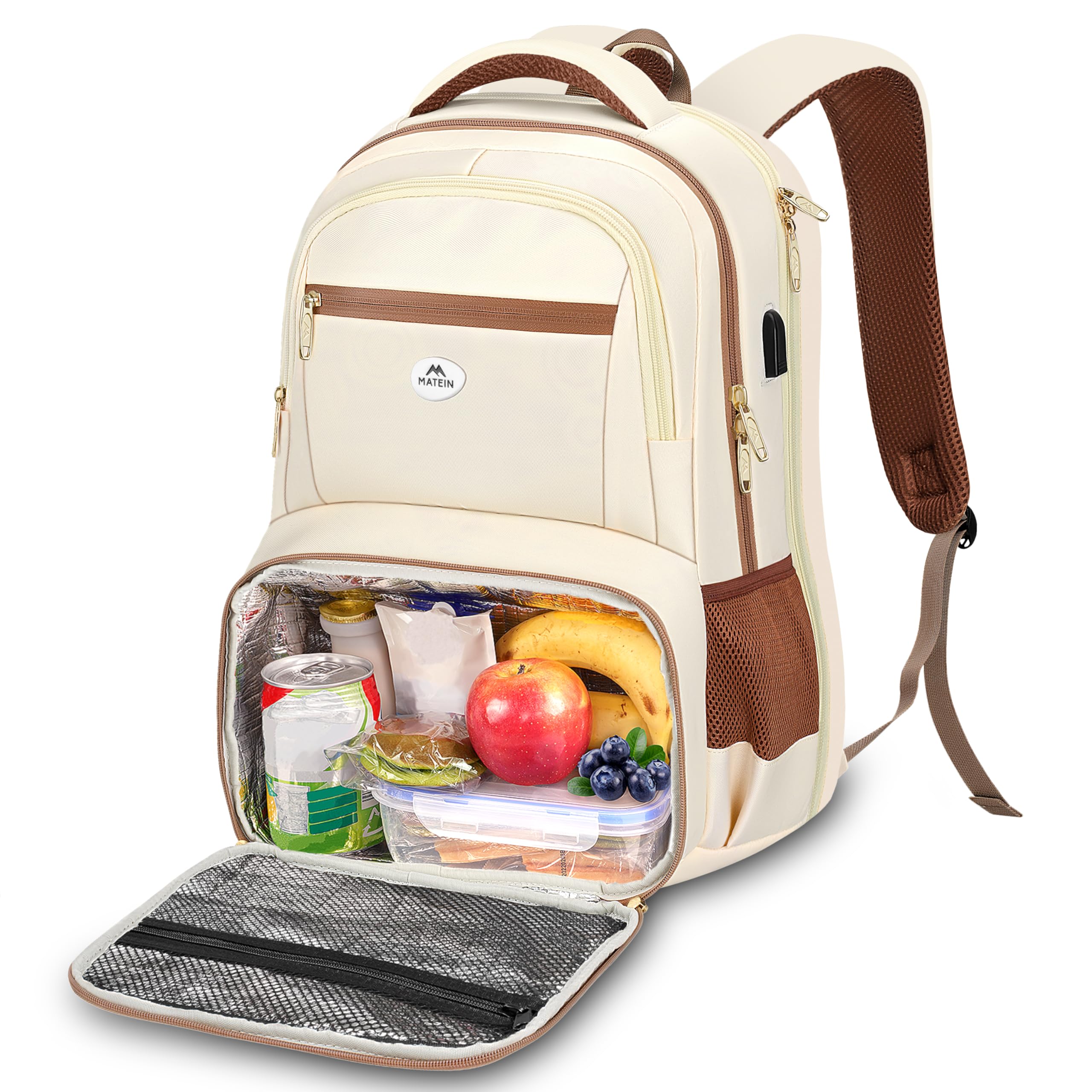 MATEIN Backpack Lunch Bag for Women, Sturdy Teacher Nurse Insulated Cooler Backpack for Work College Travel Picnic, Stylish Cute Laptop School Bag with Lunch Compartment, Gifts for Her, Beige-Brown