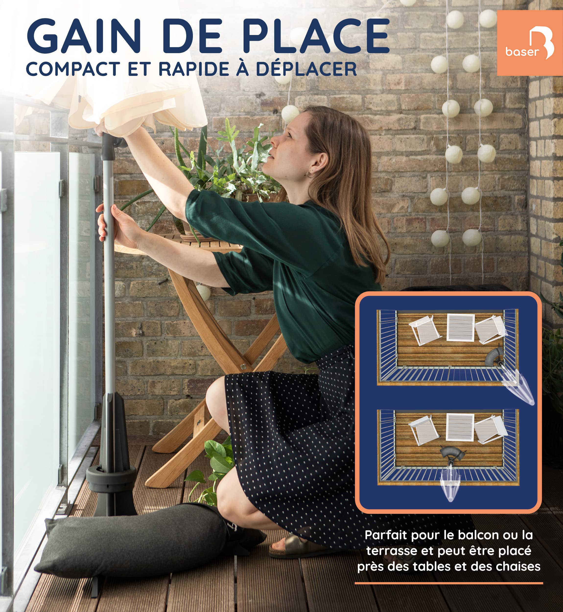Baser Pied de Parasol Balcon avec Sacs de Sable, Base pour Parasol de Jardin Exterieur Gain de Place, Support Lestés pour Mât 20-40mm, Gris