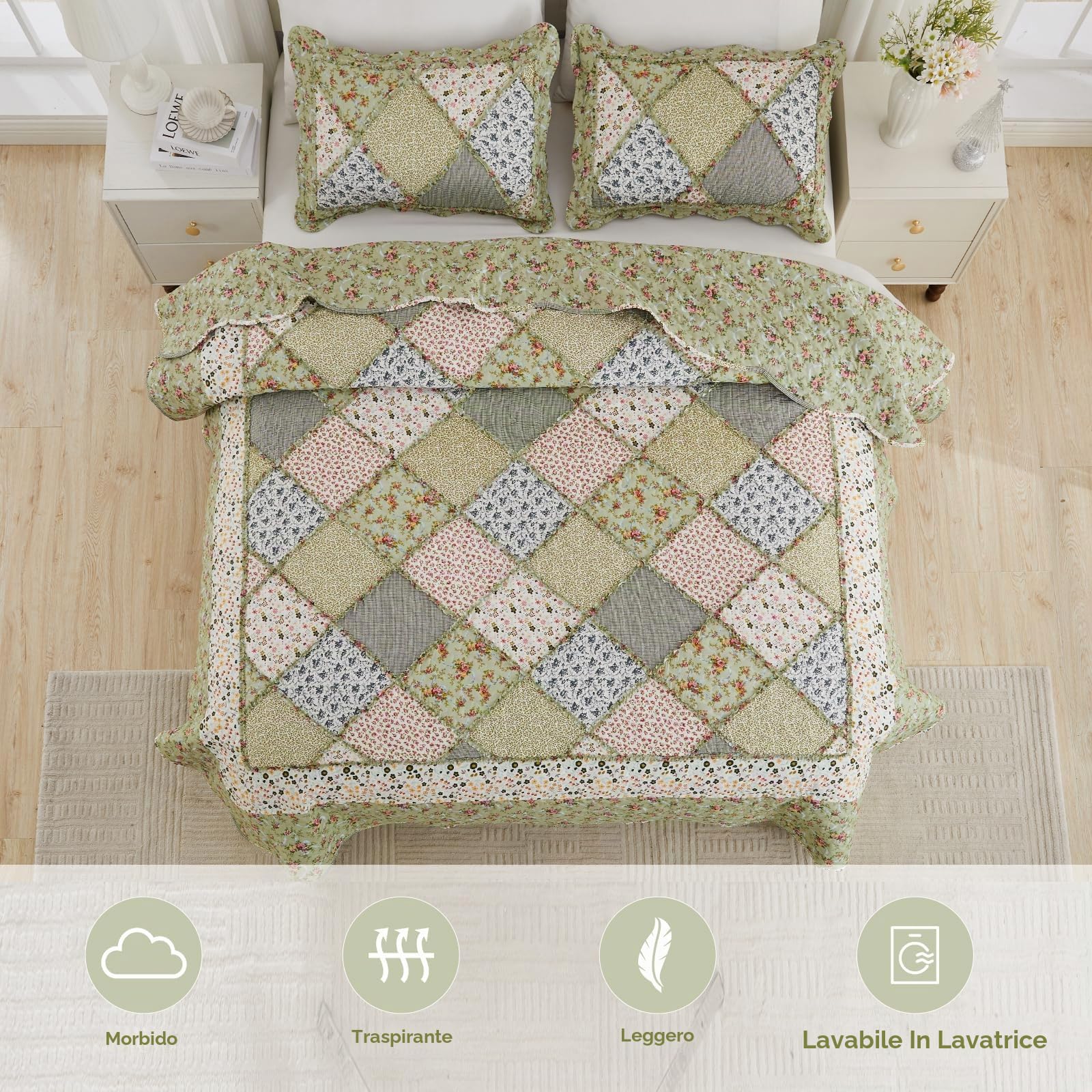 DECMAY Copriletto Matrimoniale 220x240 cm Verde Patchwork, Copriletto Trapuntato in Microfibra con Motivo a Fiori, Coperta Divano, 3 Pezzi con 2 Federe 50x75 cm