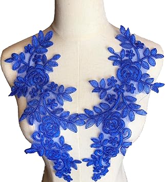 Worlds 1 Pair Royal Blue Lace Fabric Patches Embroidery Applique Lace Floral Motif Wedding Dress Sewing Trims Decor 35 X 14.5cm