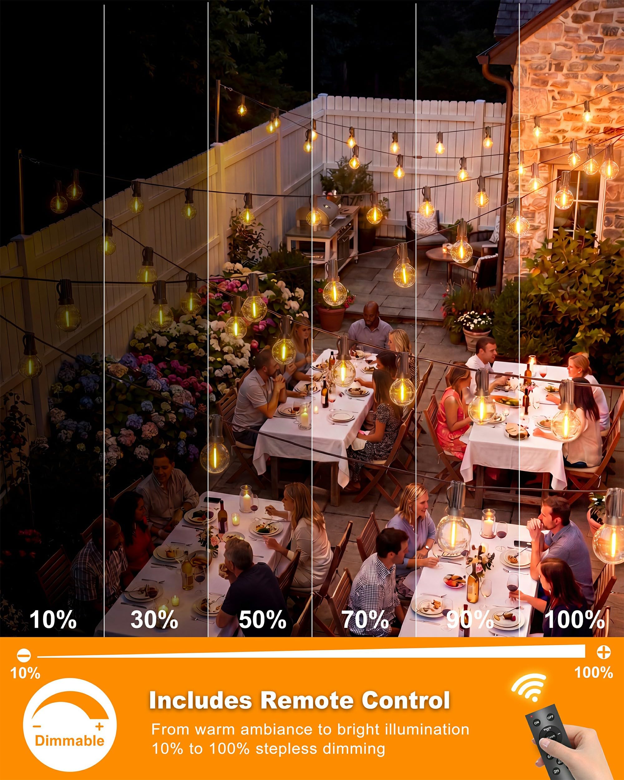 Catena luminosa a energia solare per esterni, 18 m, dimmerabile, per esterni, con telecomando, 25 + 1 lampadina 2700 K, G40, 3 modalità, 5 timer, impermeabile, per balcone, terrazza, feste