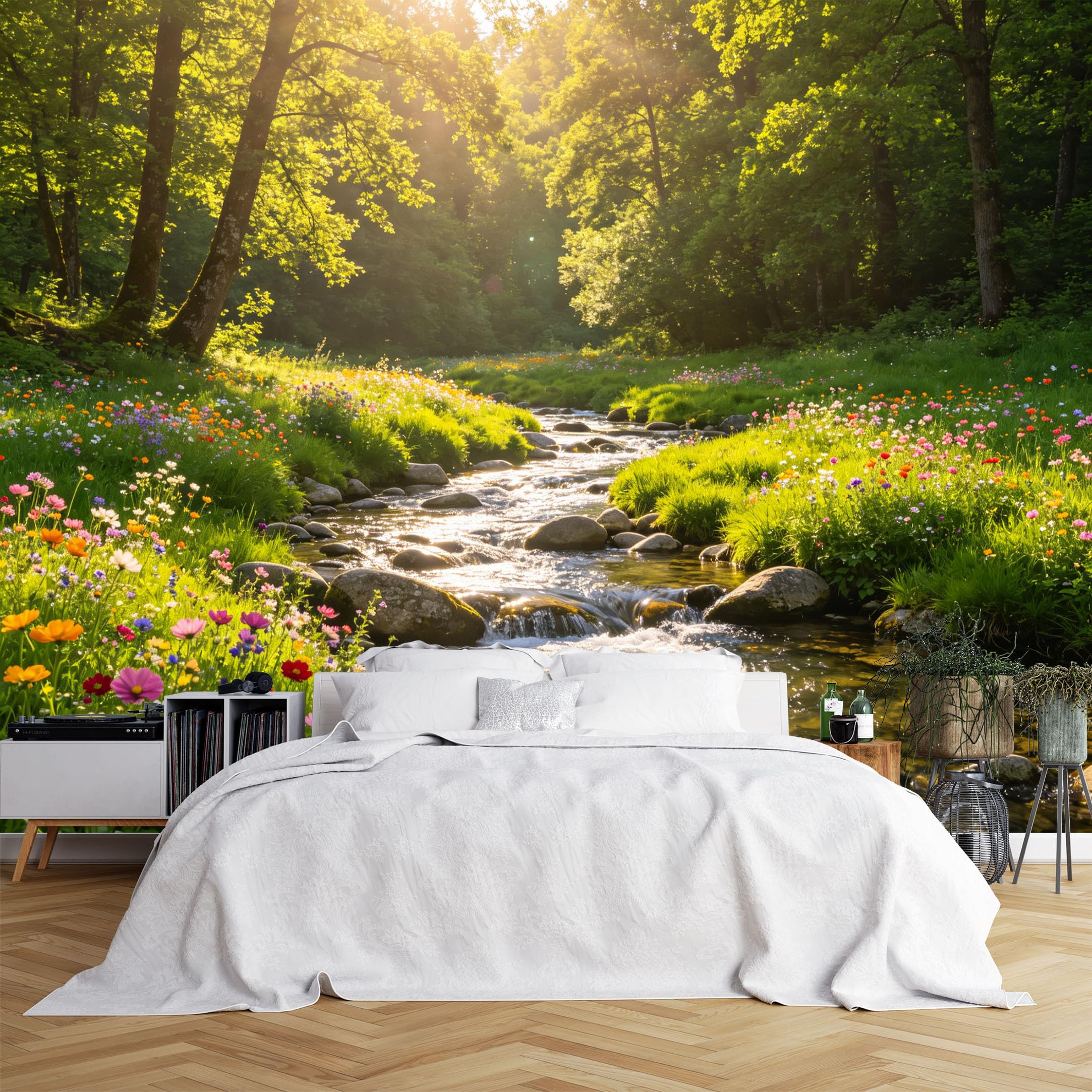 Lcythiazole Ch260615141 Custom Size Wall Murals Sunbeam Forest Stream Wildflower Scenery Wall Murals Nature Wallpaper Realistic Self-Adhesive Removable Wallpaper For Living Room Home Decor