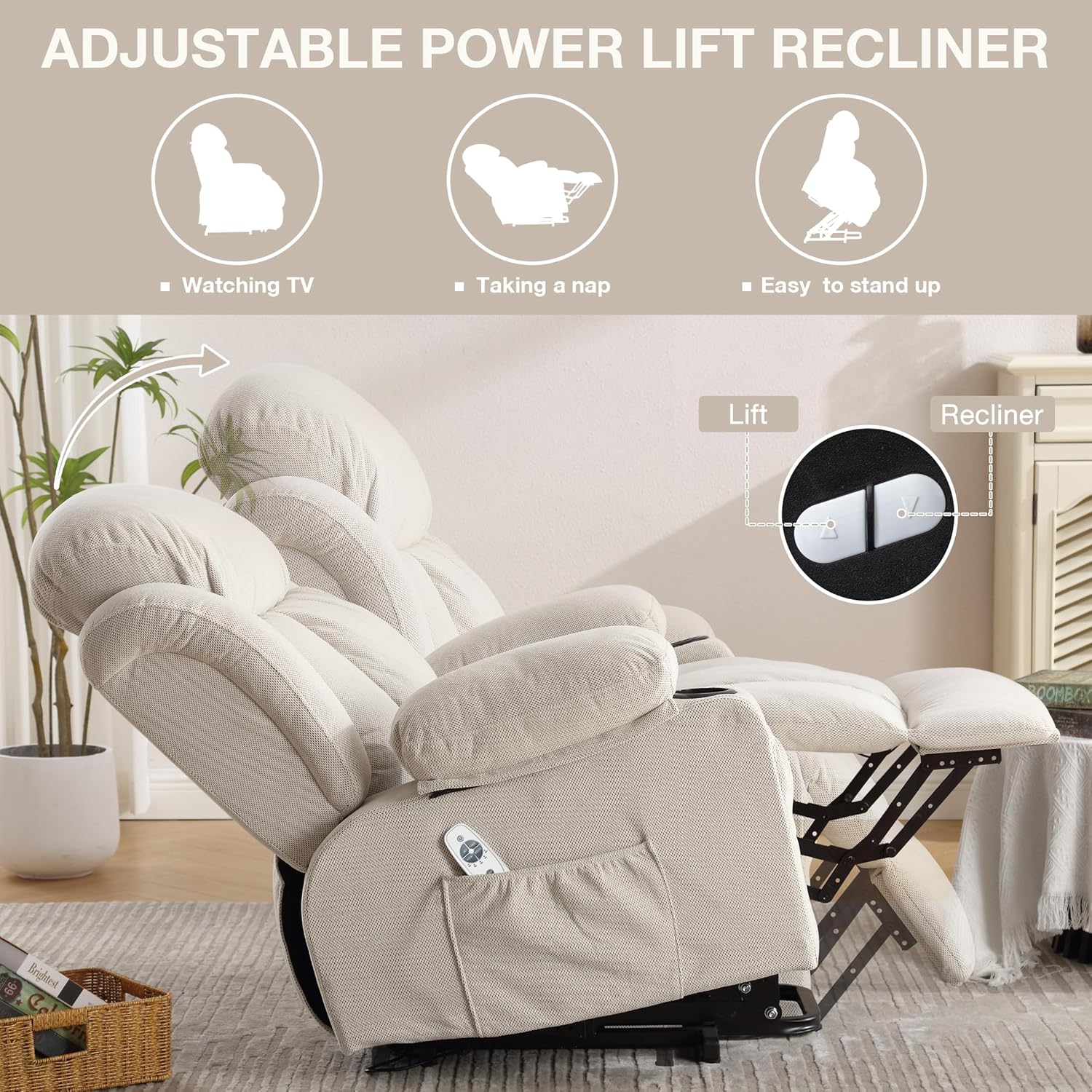Image showing the recliner in various positions: upright, reclined, and lifted, with remote control icons.