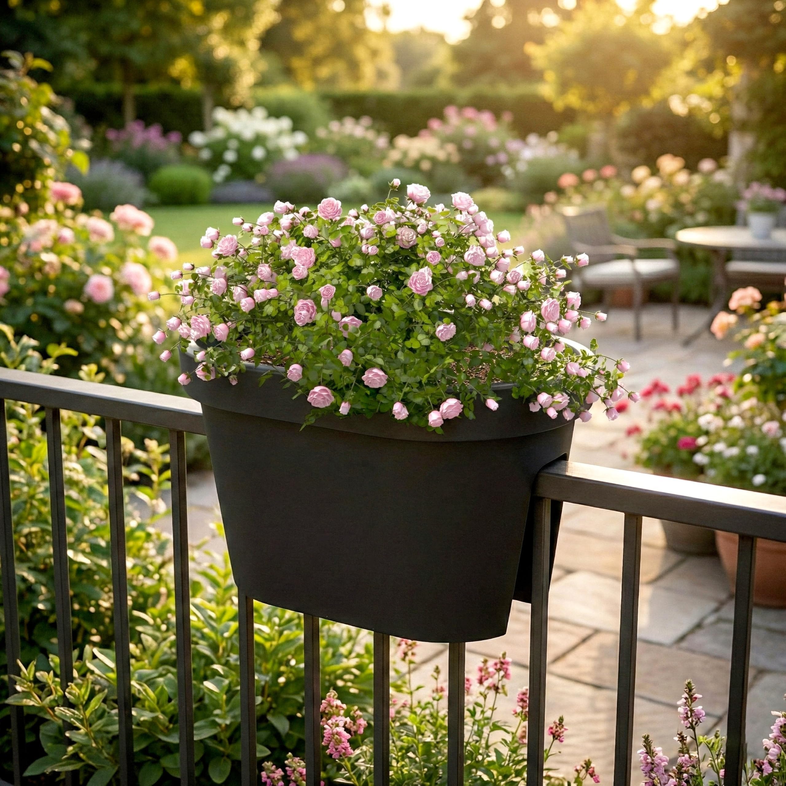 Flower Pot, Anthracite Balcony Rail Planter, Durable Garden Fence Pot with Dual Compartments, UV Resistant, Eco-Friendly Hanging Plant Pots for Outdoor Decor, 26x40x24.5 cm