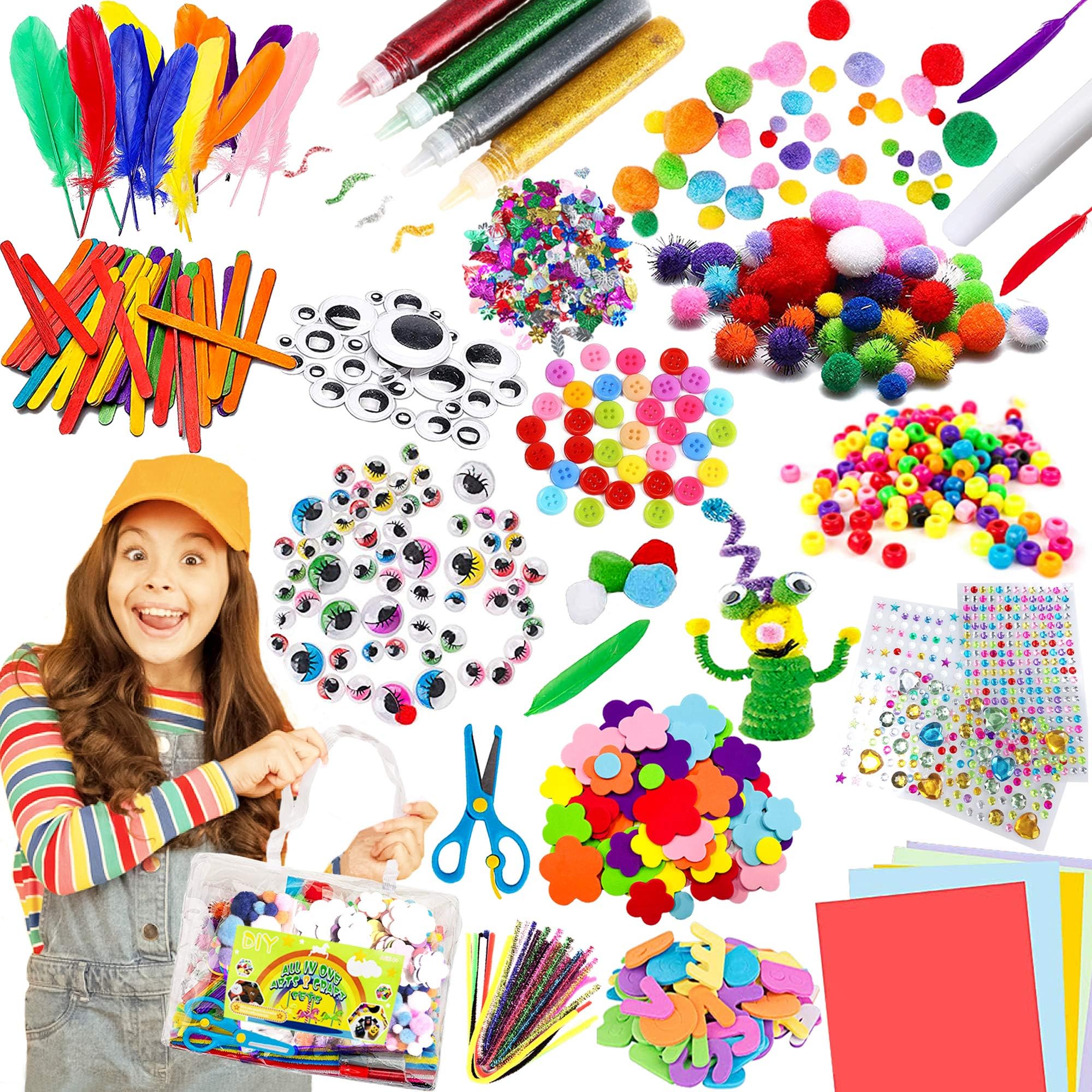 ANDSTON Arts and Crafts Supplies for Kids-1400+ Pieces in Tote Bag,Arts & Craft Sets,Kids Craft Art Supply, DIY Kid Crafting Kits，Arts and Crafts for Kids Age 3 4 5 8 9 10+,Pompom，Feather ，Sticks etc