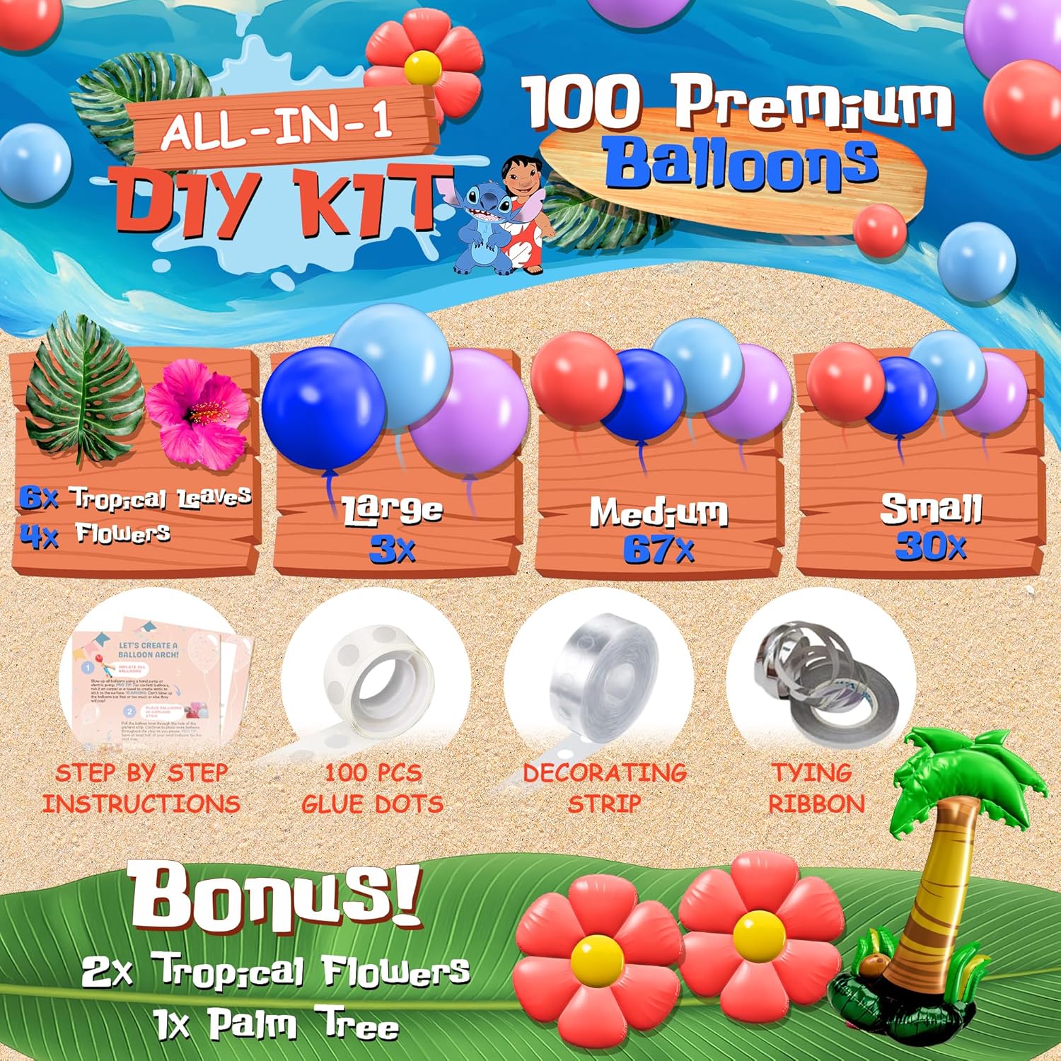 ALL-IN-1 Blue Alien Balloon Arch Kit with BONUS Palm Tree & Tropical Flowers for Cute Space Creature Theme Kids Birthday, Baby Showers & Outer Space Parties - Tropical Blue Monster Party Decorations