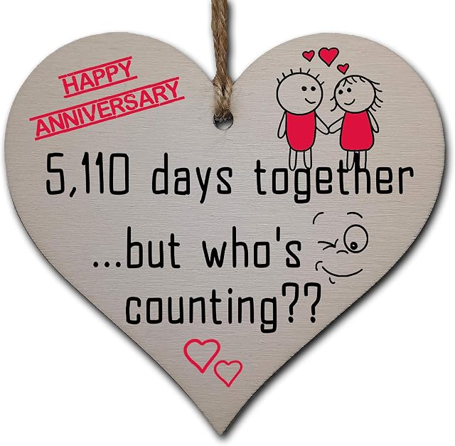 Handmade Wooden Hanging Heart Plaque Gift to Celebrate 14th Wedding Anniversary Husband Wife Someone Special Keepsake