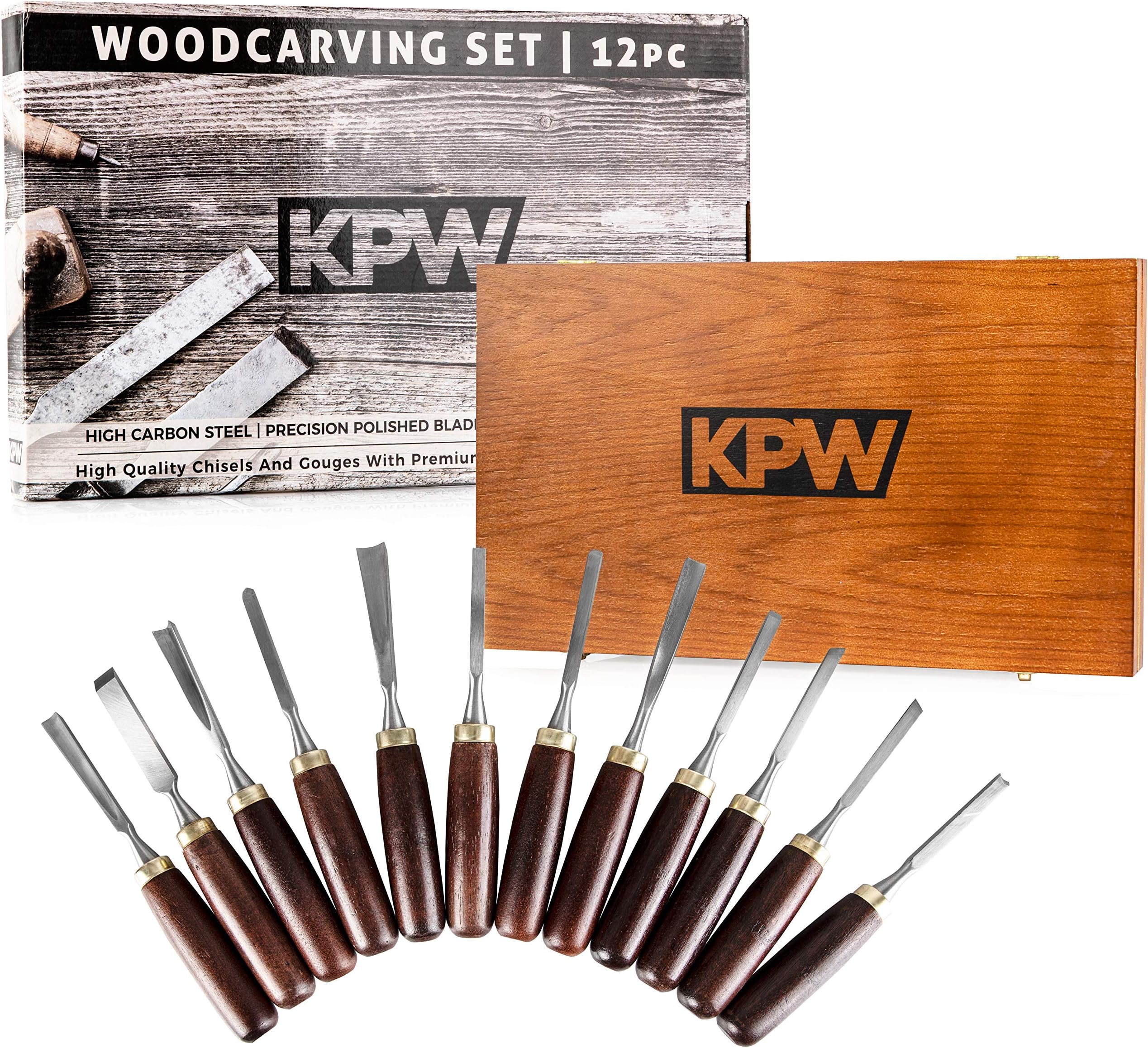 Professional Wood Chisel Set with Wooden Presentation Box, Woodworking & Carving Tools with Chrome Vanadium Steel Blades & Walnut Handles, Lifetime Replacement, Ergonomically Designed