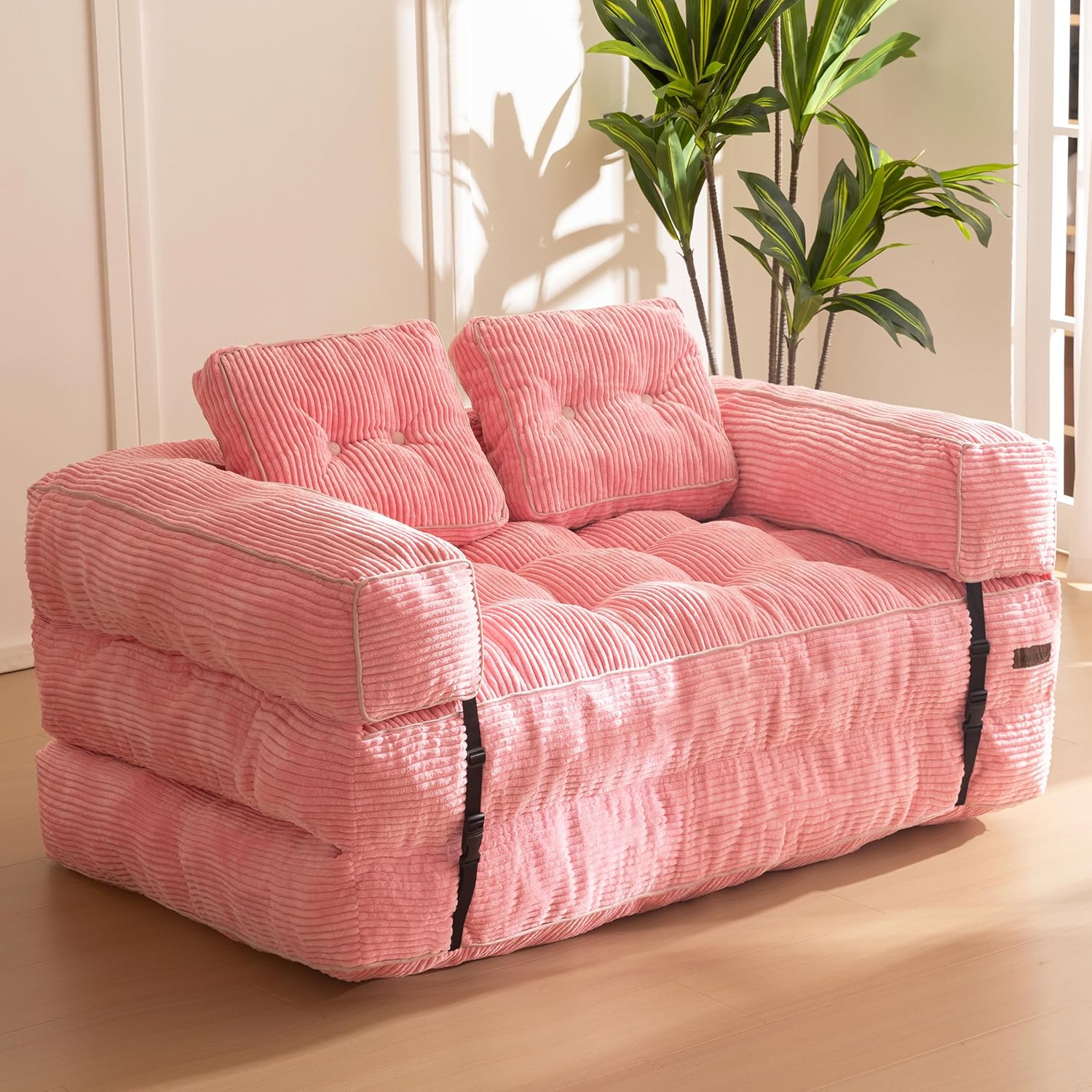 MAXYOYO Folding Sofa Bed, L-Shaped Convertible Sofa Bed with Armrest Foldable Sleeper Couch with Pillow, Portable Fold Out Chair Comfy Floor Couch Lounge for Living Room Bedroom, Pink, Double Full Pink