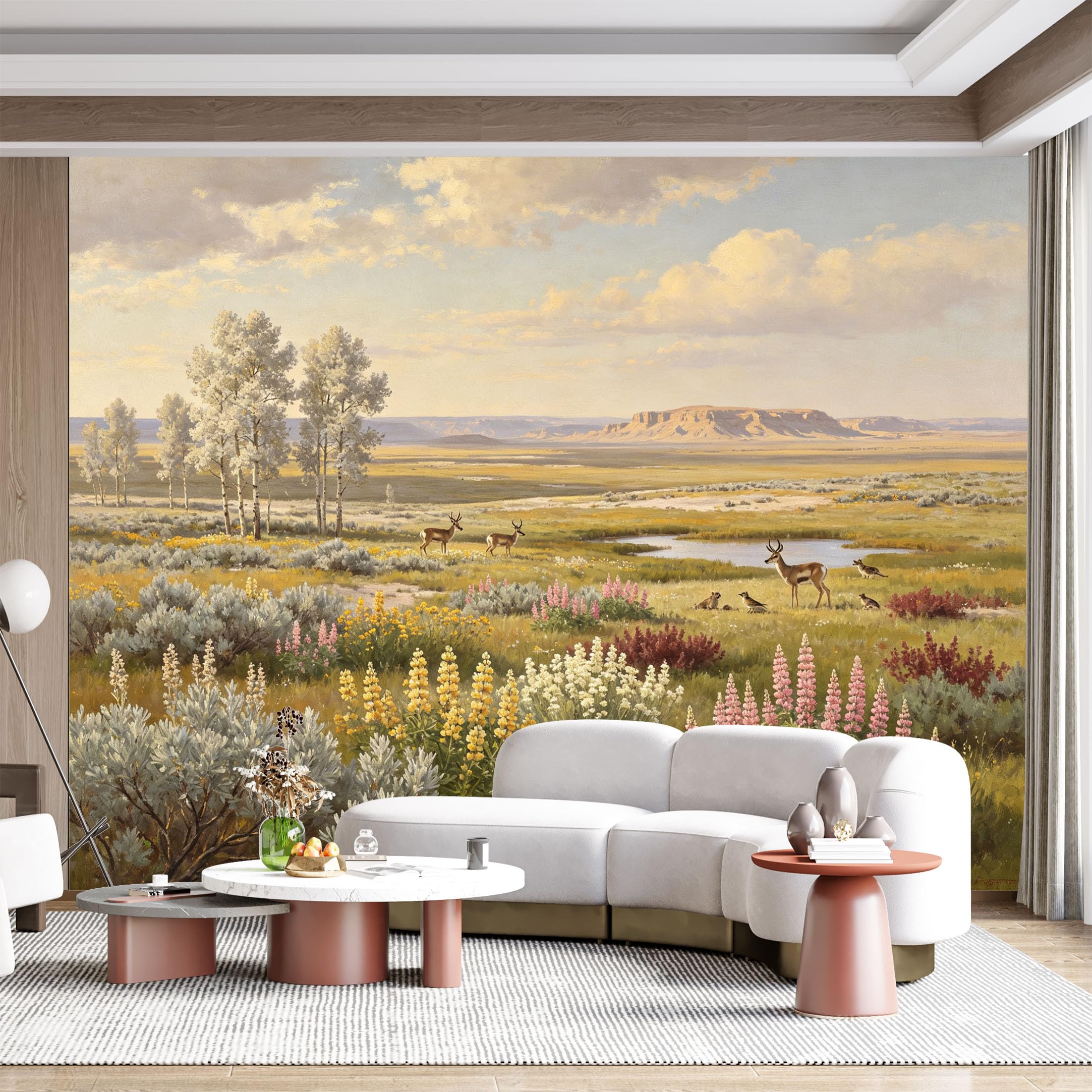 Custom Size Wall Mural Western Landscape Meadow Wildflowers Deer Pastel Oil Painting SelfAdhesive Wall Fabric Removable for Home Office Decor