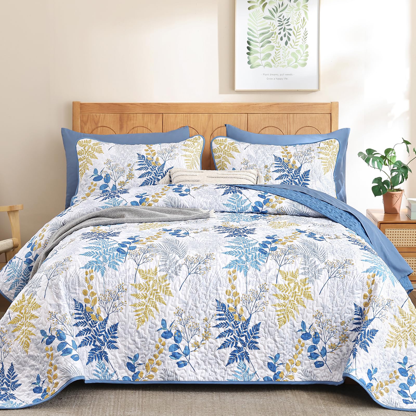 WONGS Bedding Couvre-lit botanique 3 pièces avec Motif de Feuilles – Couvre-lit réversible en Microfibre légère pour Toutes Les Saisons (243,8 x 228,6 cm), Bleu Marine