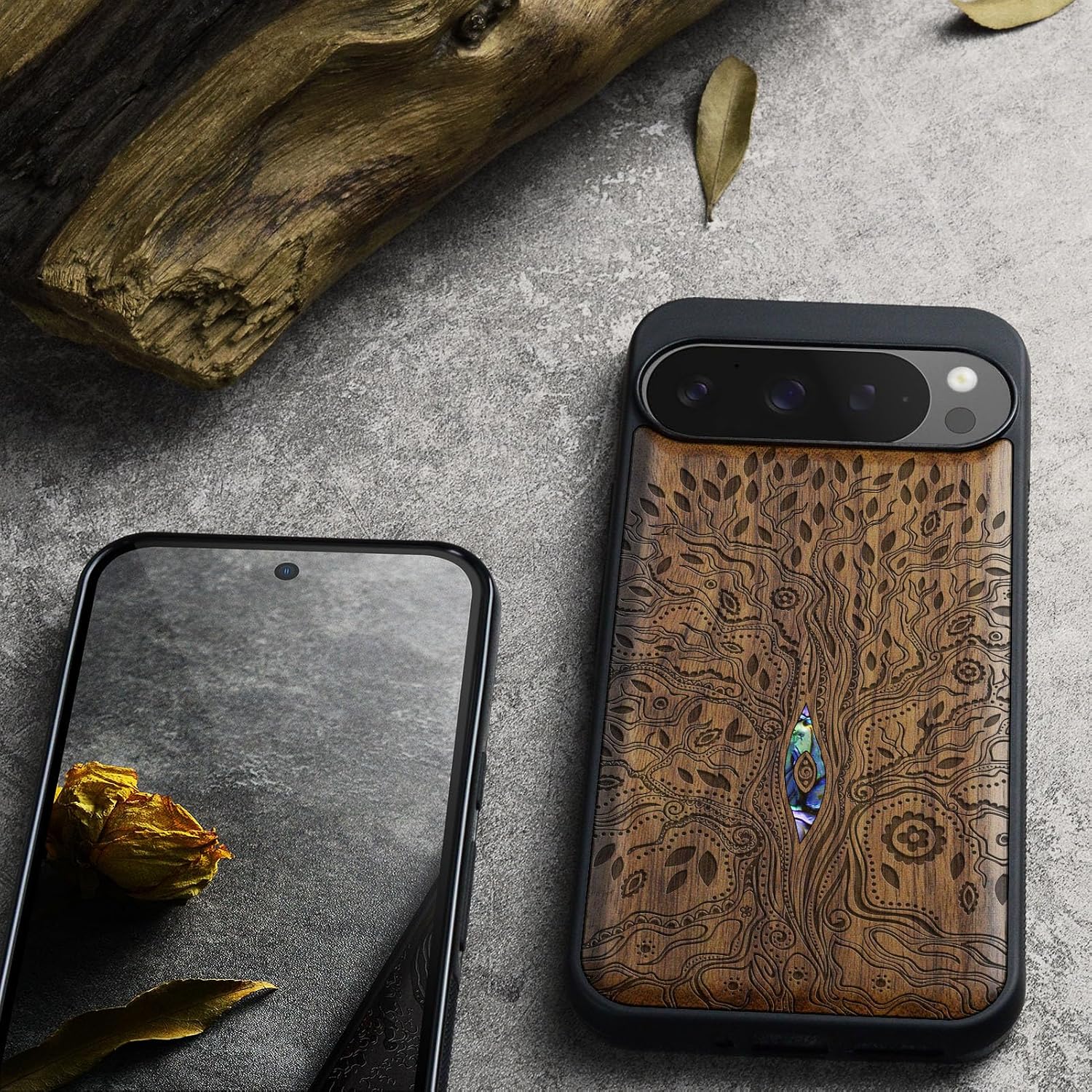 Carveit Magnetic Wooden Case for Pixel 9 Pro / 9 Pro Case, Wood Artisan Engraved & Handmade Shell Inlaid, Compatible with MagSafe Wireless Chargers, Tree of Life - Walnut