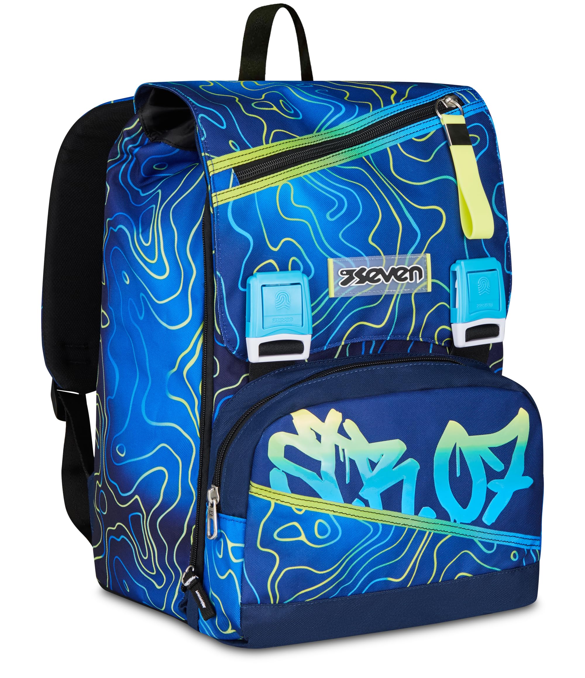 Seven Erweiterbarer Schulranzen,für Schule Sport Freizeit, ab 1. Klasse, für Mädchen und Jungen, gepolsterter Rucksack,mit Trinkflaschenfach, blau-grün