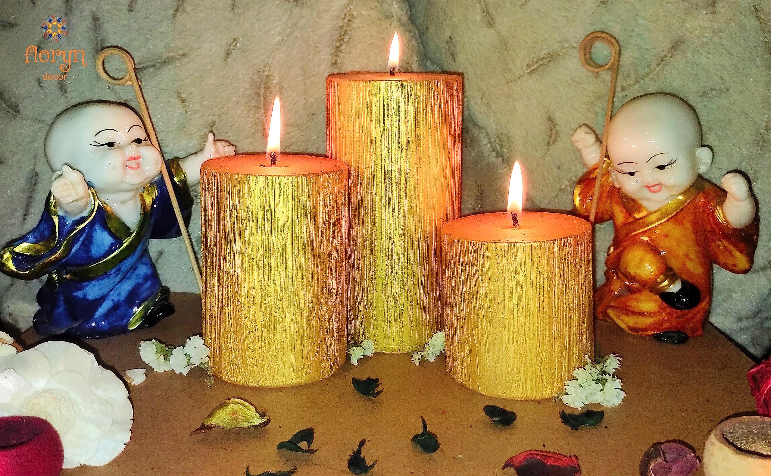 Floryn Decor Set of 3 Metallic Pillar Candles Decoration Dinner Wedding Party Candles Perfect Candles for Home Decor - Church-Spa, Restaurant | Smokeless & Dripless (Gold), Unscented 3