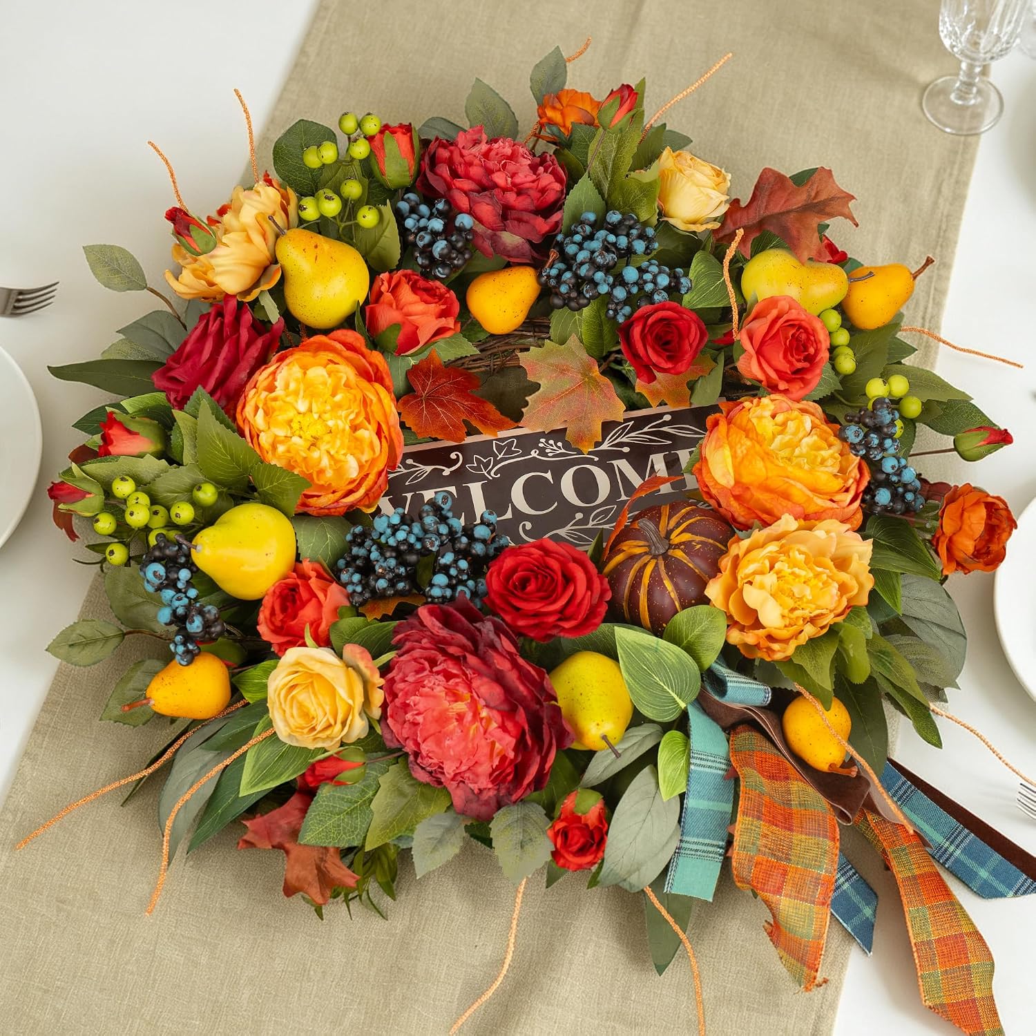 Fall Wreaths for Front Door, 24 in Autumn Harvest Wreath for Thanksgiving
