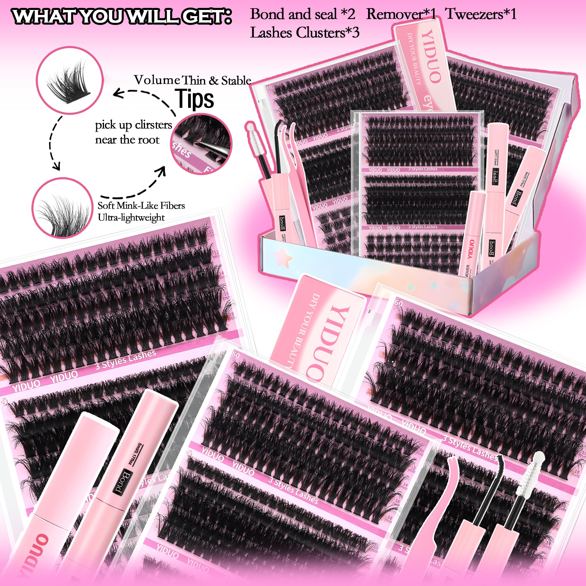 YIDUO Wimpern-Cluster-Set, Geschenkpackung, DIY falsche Wimpern, 5 Stile, gemischte C-Curl, Wispy, flauschiges Volumen, einzelne künstliche Wimpern, Kunstnerz, 770 Stück, Großhandelspackung mit Kleber