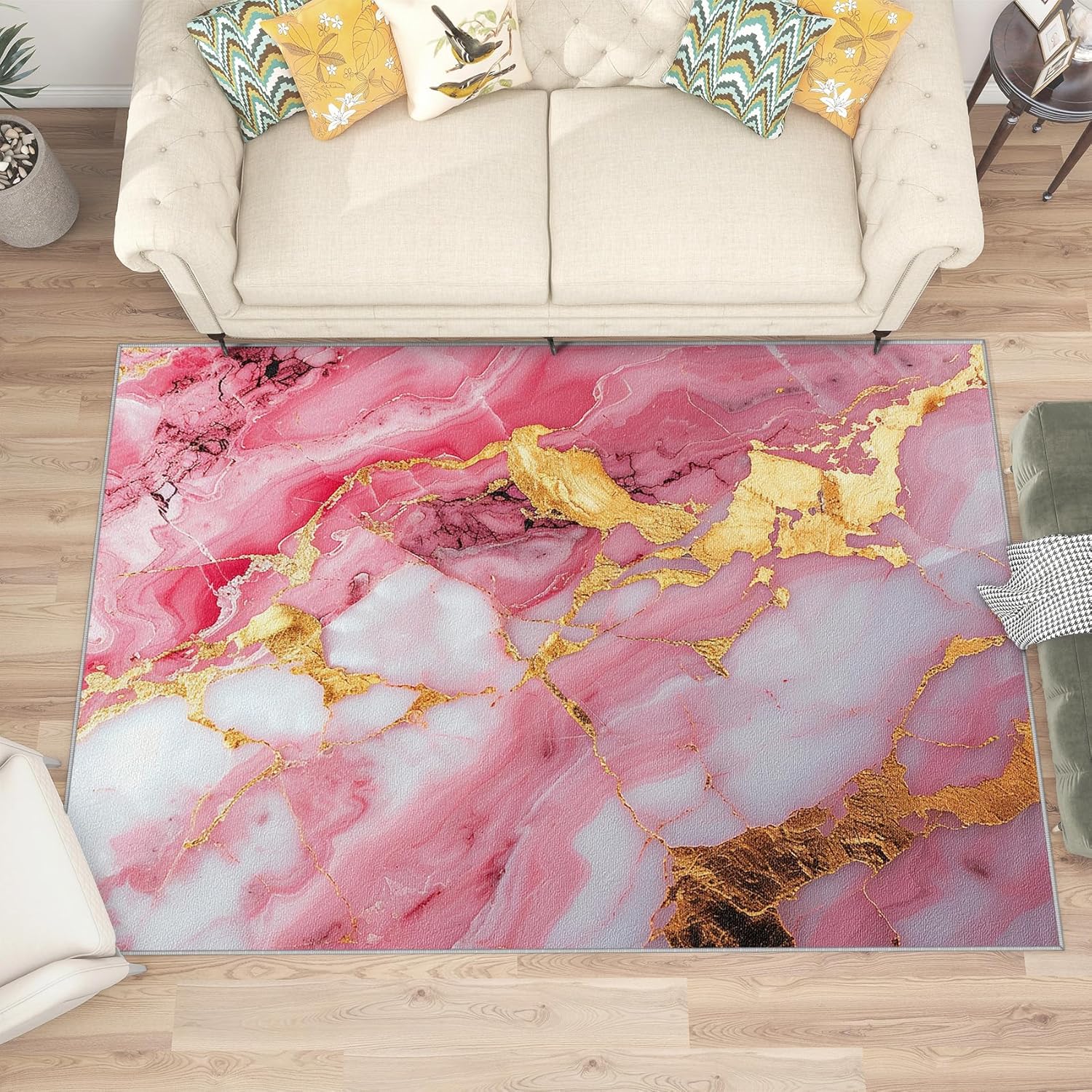 Marble Rugs for Living Room - 2x3 Rug - Marble Rug - Pink White and Gold Marble Area Rug - Abstract Luxury Rugs - Modern Carpet - Marble Home Decor Gifts