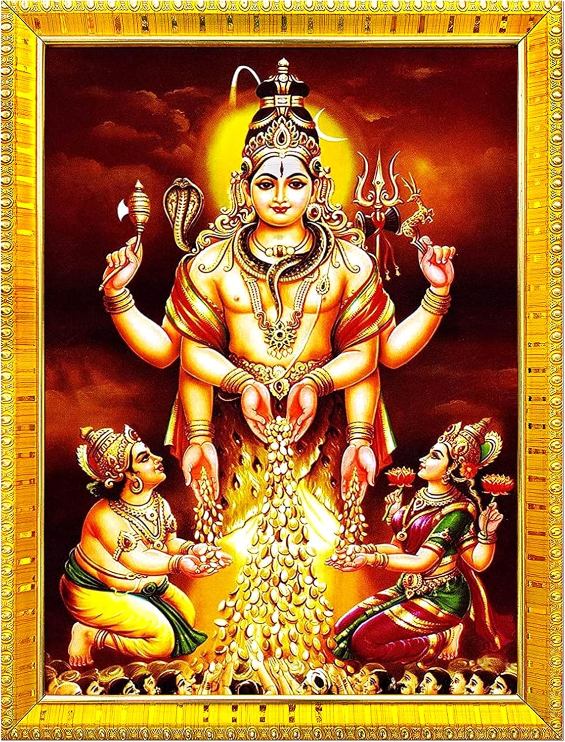 zig zag God Swarnakarshana Bhairava Swamy With Lakshmi Devi and Kuber Bhagwan Photo Frame For Wall / Table / Pooja Room ( 7x9 inches, Acrylic Glass) Golden, Rectangular