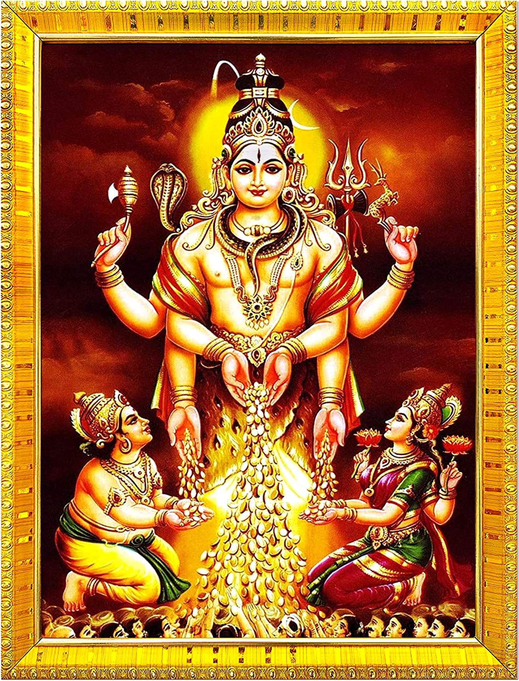 zig zag God Swarnakarshana Bhairava Swamy With Lakshmi Devi and Kuber Bhagwan Photo Frame For Wall / Table / Pooja Room ( 7x9 inches, Acrylic Glass) Golden, Rectangular