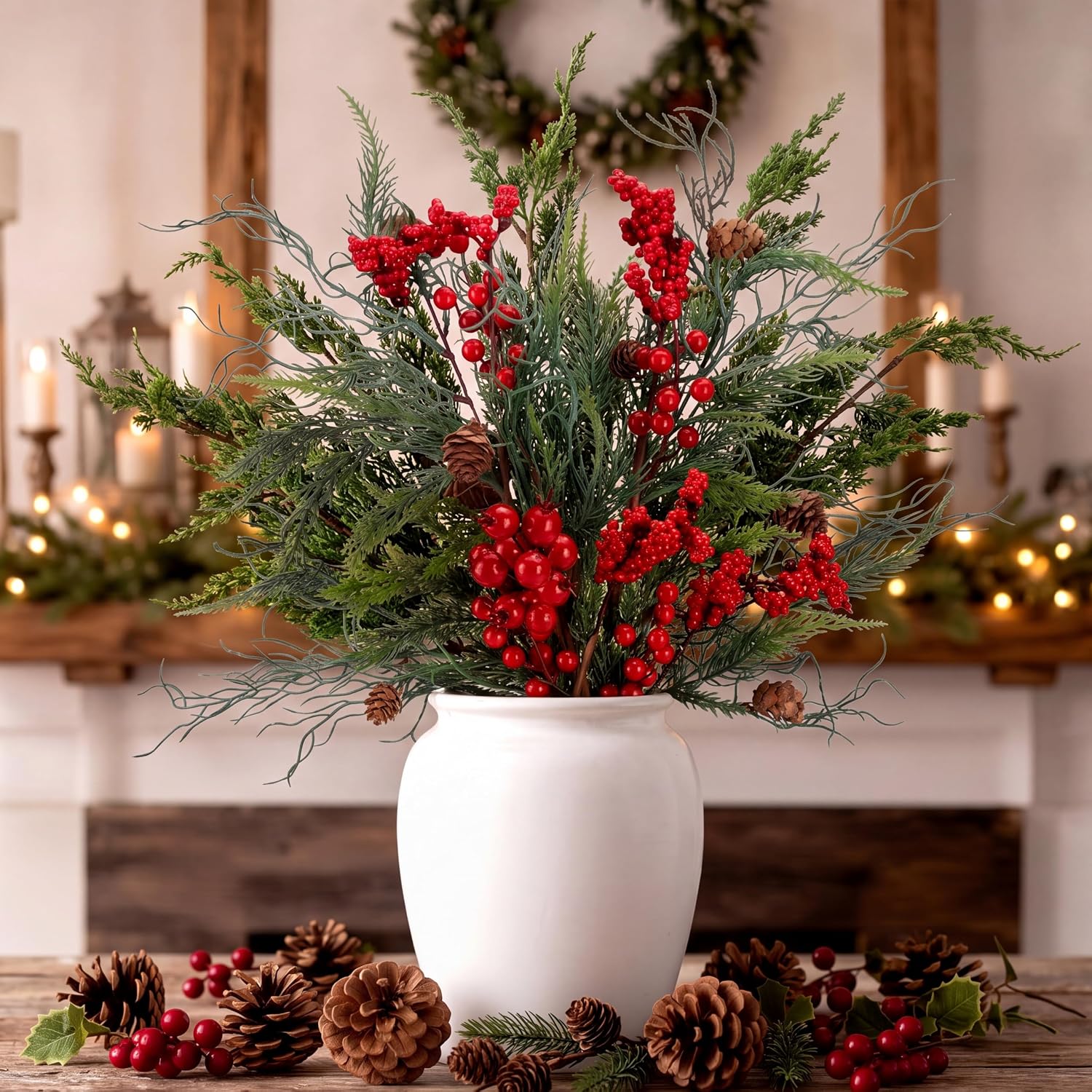 Yunlly 2 Pcs 28in Christmas Artificial Pine Branches with Berry, Pinecone