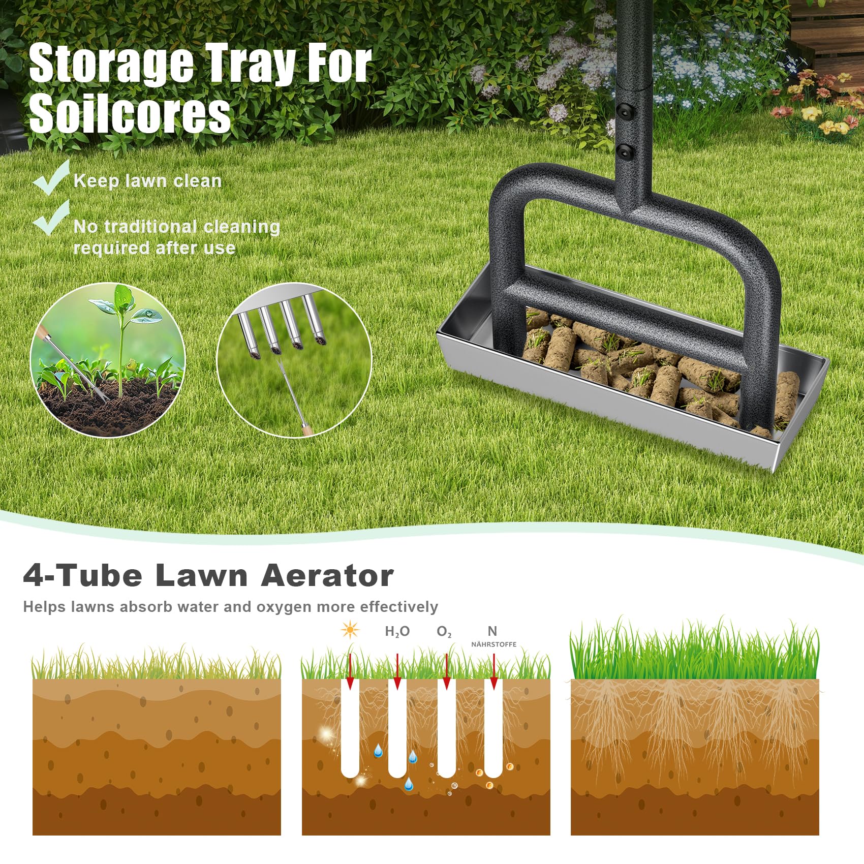 Yornoli Lawn Aerator Tool – Heavy Duty Hollow Tine Manual Coring Aerator with 4 Stainless Steel Pluggers, Soil Core Storage Tray & Long Handle Soft Grip for Compacted Soil Lawn Health & Clay Release — view 4