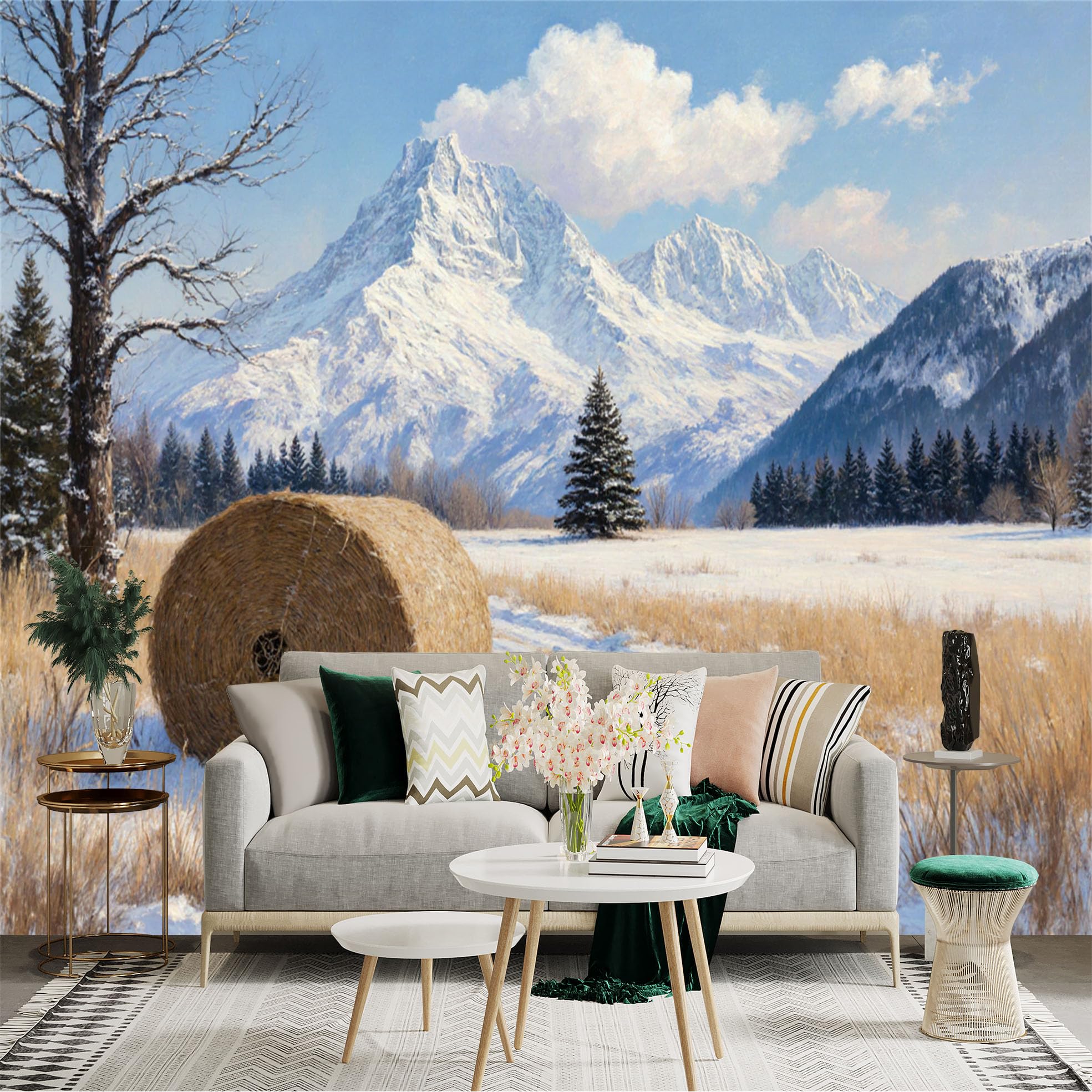 Custom Size Wall Sticker Mural， Snowy Mountain Landscape， Winter Hay Bale in Field， Pine Forest View， for wall Decoration， peelandstick wall Decals.